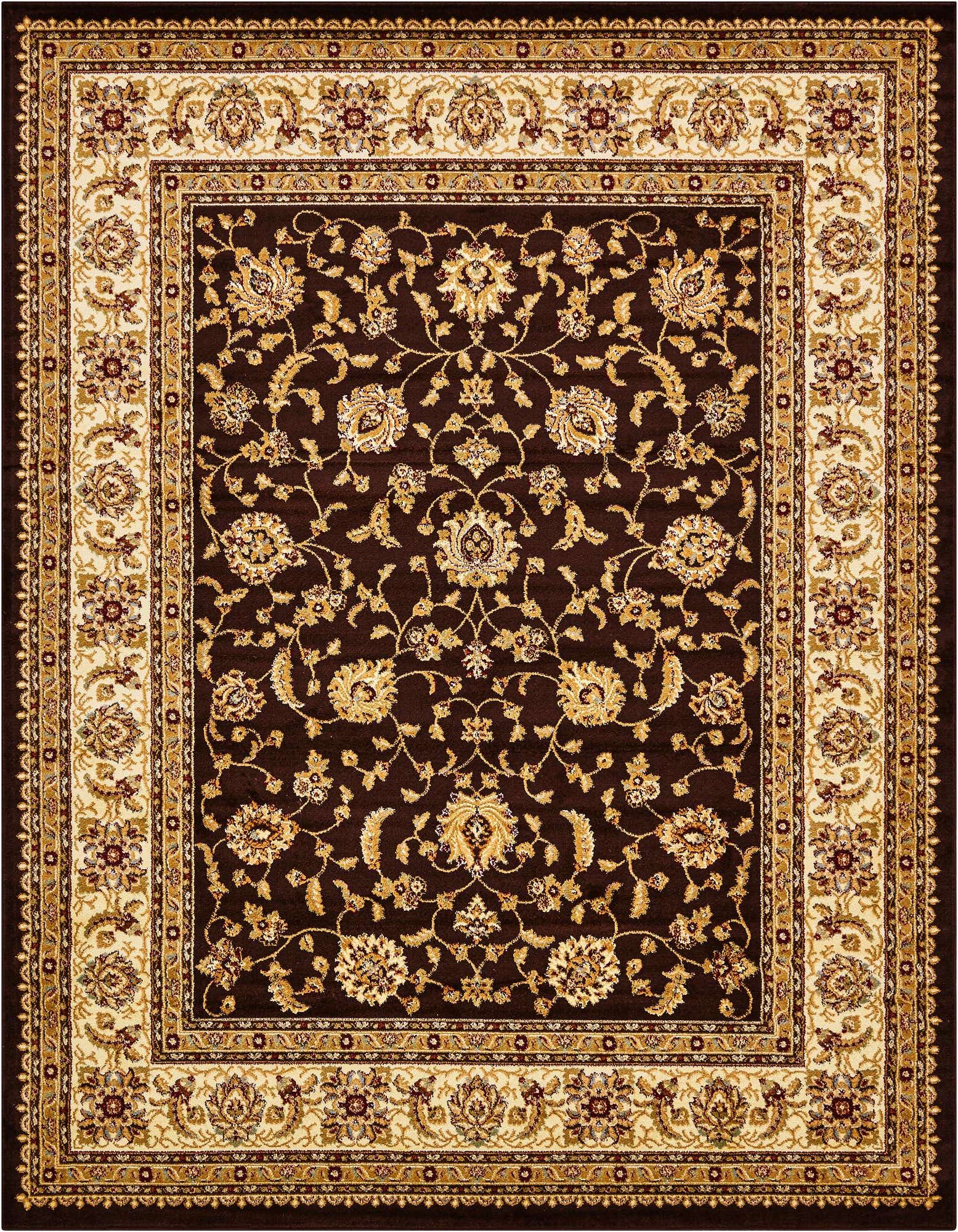 An 8x10 rectangular Aditi rug featuring a traditional floral pattern in rich browns and tans, ideal for a living room.