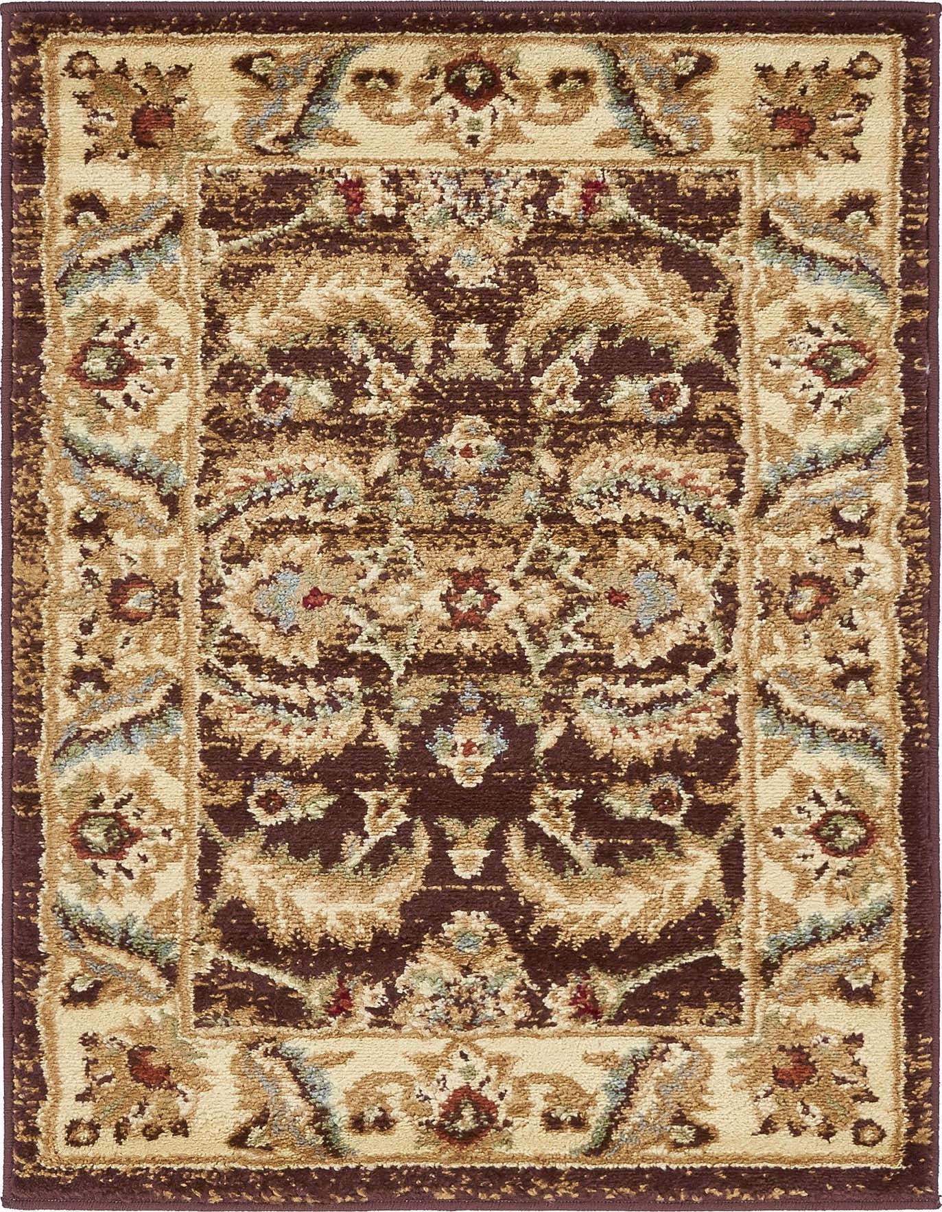A 2x3 rectangular Aditi rug featuring a traditional botanical pattern in shades of brown, tan, cream, and hints of red and blue.