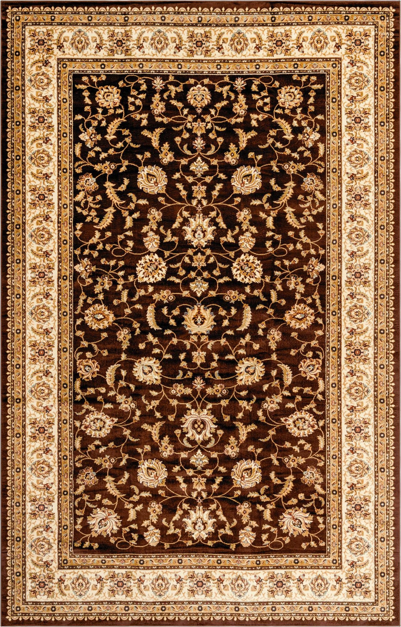 A large 10x16 rectangular Aditi rug featuring a traditional floral pattern in rich browns and tans.