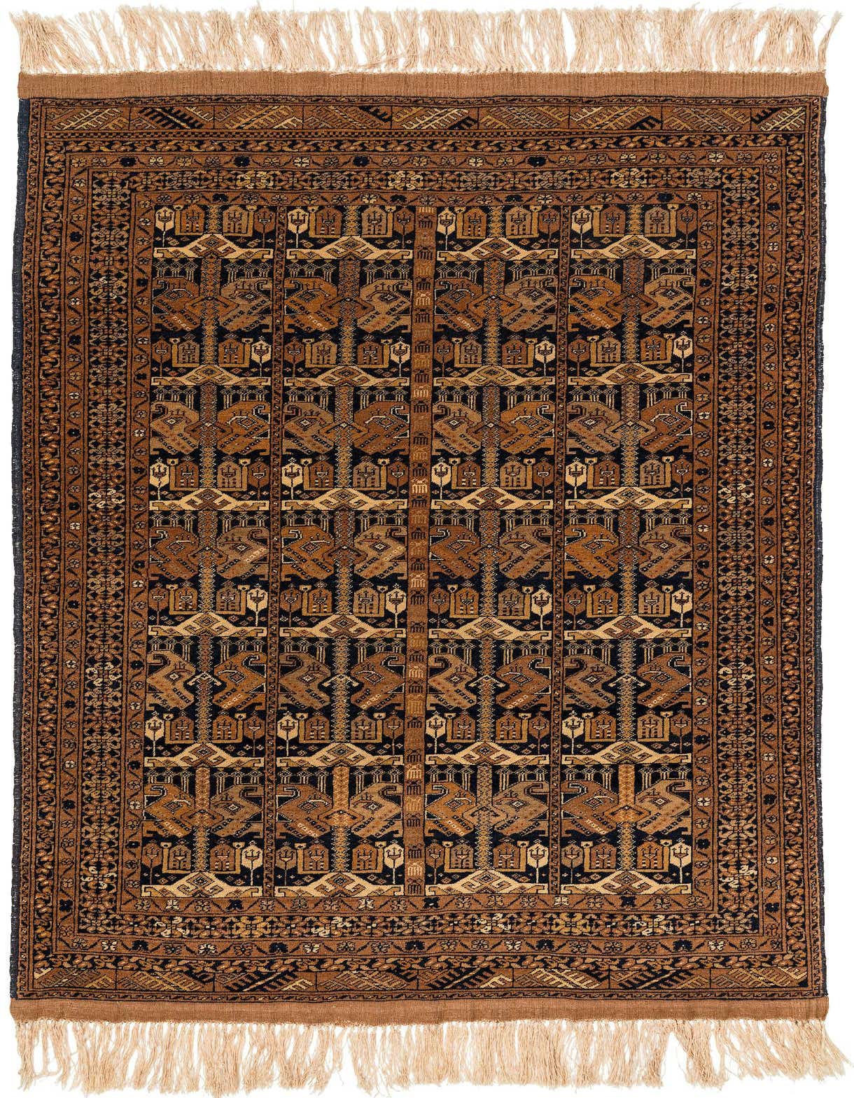 A 4x6 rectangular Afghan Akhche wool rug featuring a traditional tribal pattern in various shades of brown and tan.