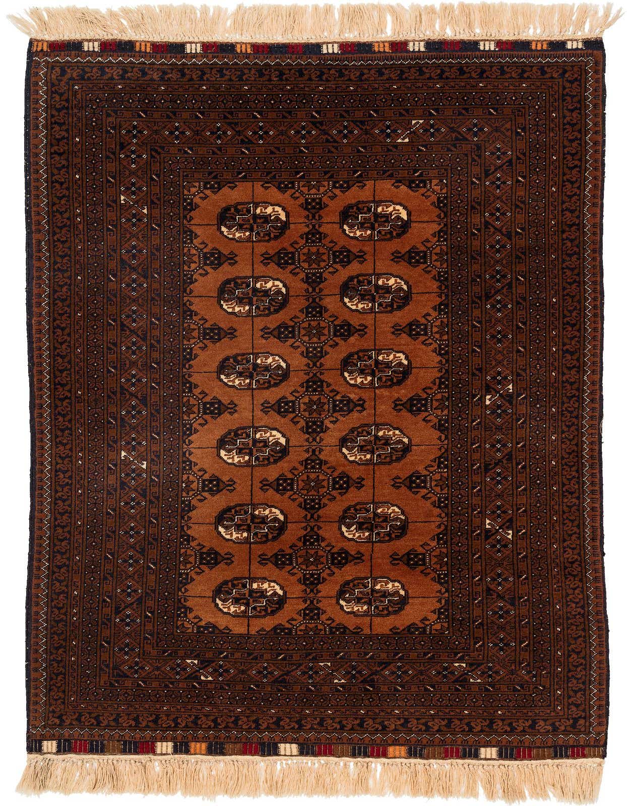 A 4x6 rectangular Afghan Akhche rug in varying shades of brown with a tribal pattern and tan fringes.