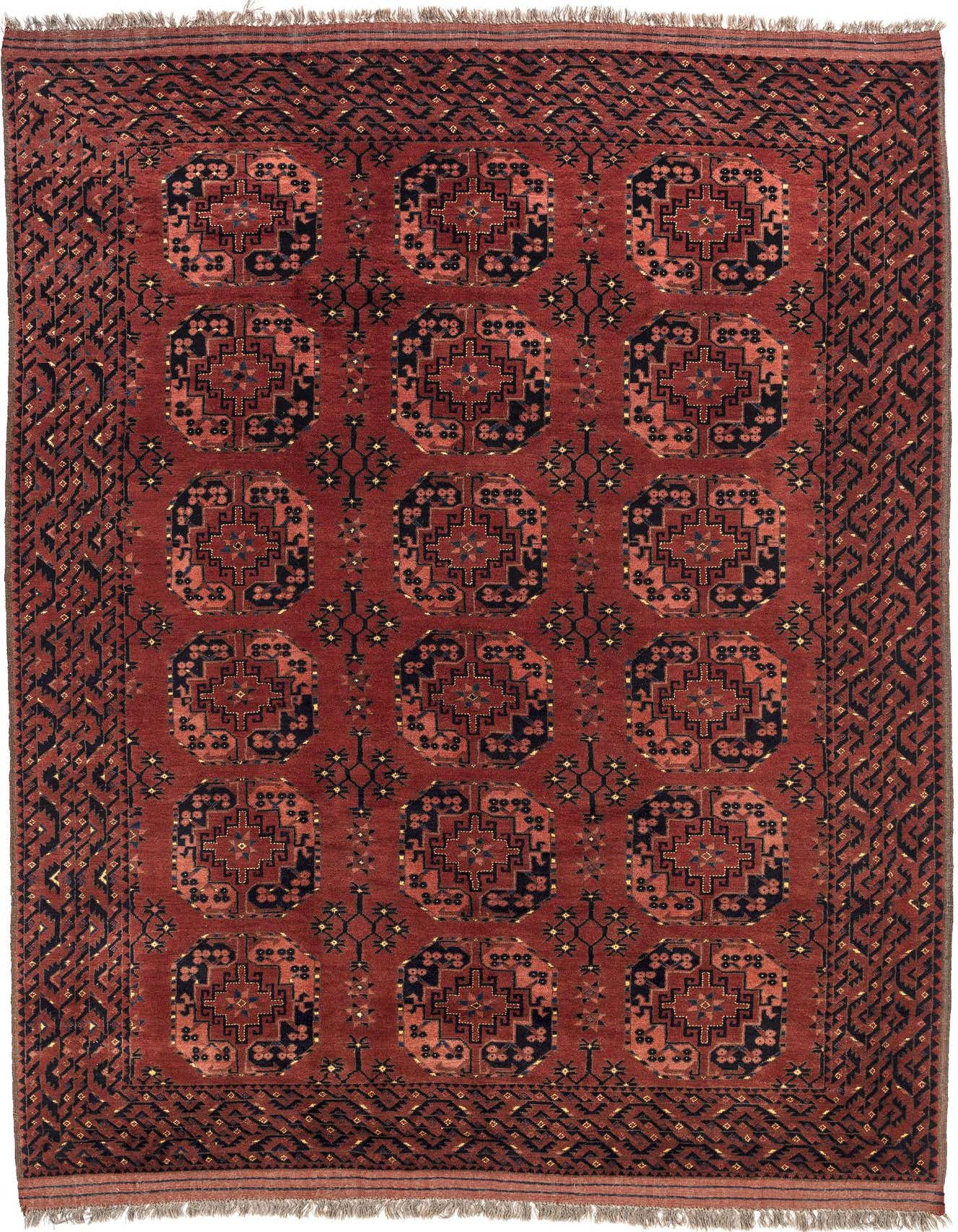 A 7x10 rectangular Afghan Akhche rug with a tribal Oriental pattern in rich browns and tans, featuring repeating octagonal medallions.