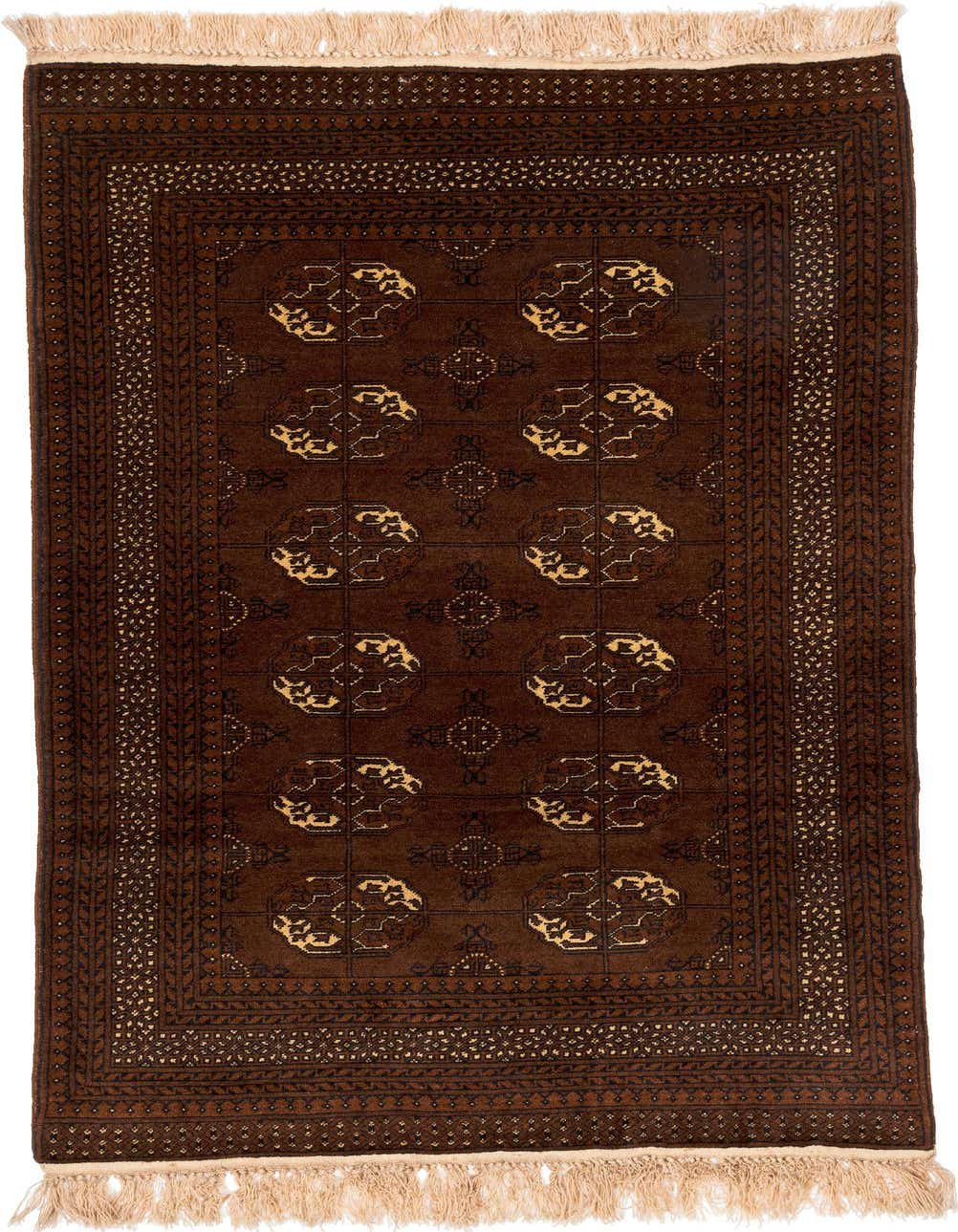 A 4x6 rectangular Afghan Ersari rug in rich browns and tans, featuring a tribal medallion pattern and fringed ends.