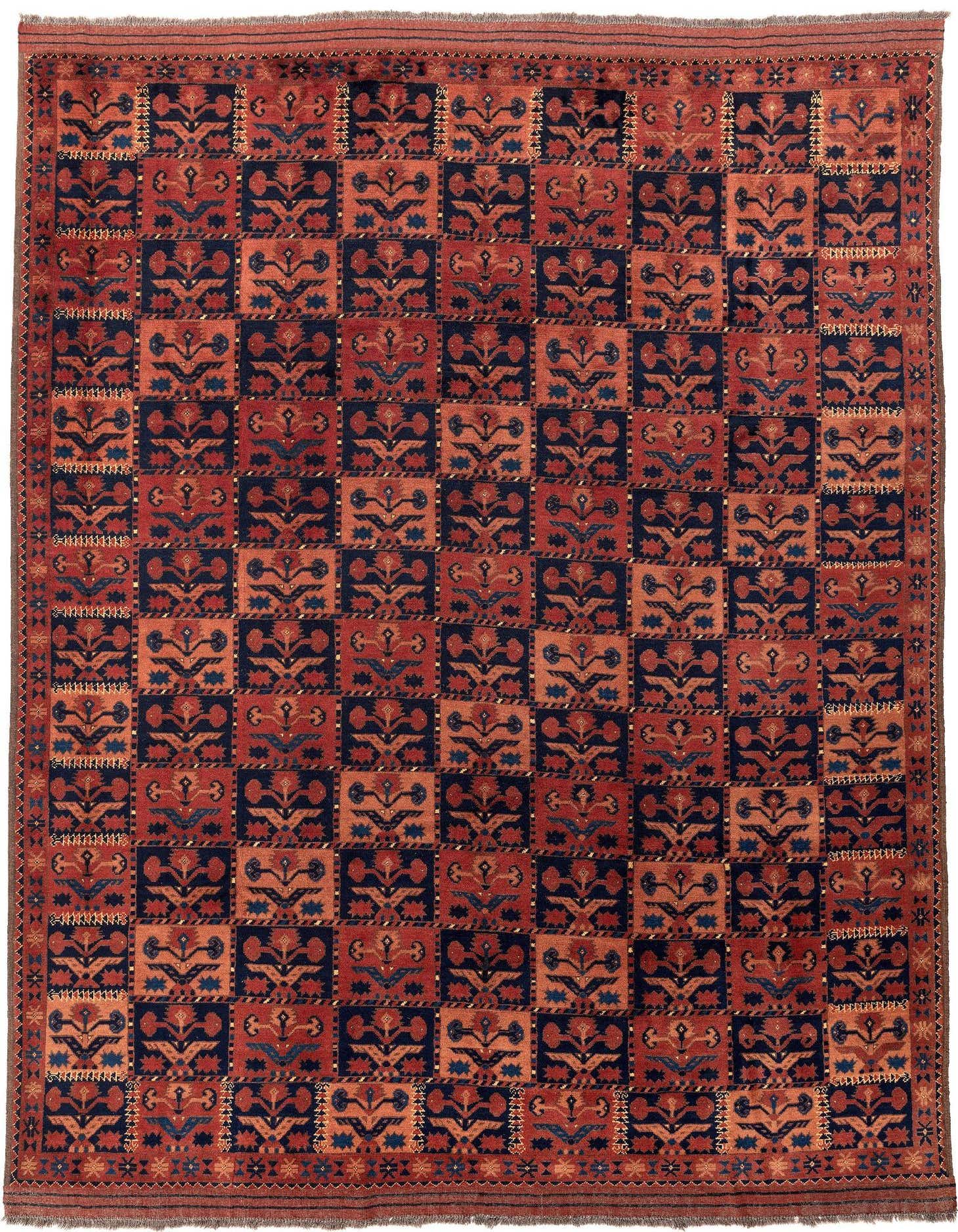 A 6x9 rectangular Afghan tribal rug with a checkerboard pattern in deep browns, tans, and hints of blue, featuring stylized floral motifs.