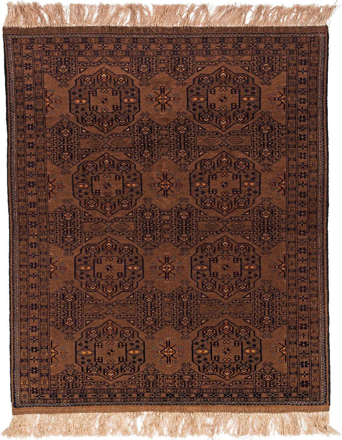 A 4x6 rectangular brown tribal rug with intricate dark brown and tan patterns, featuring fringe on both ends.