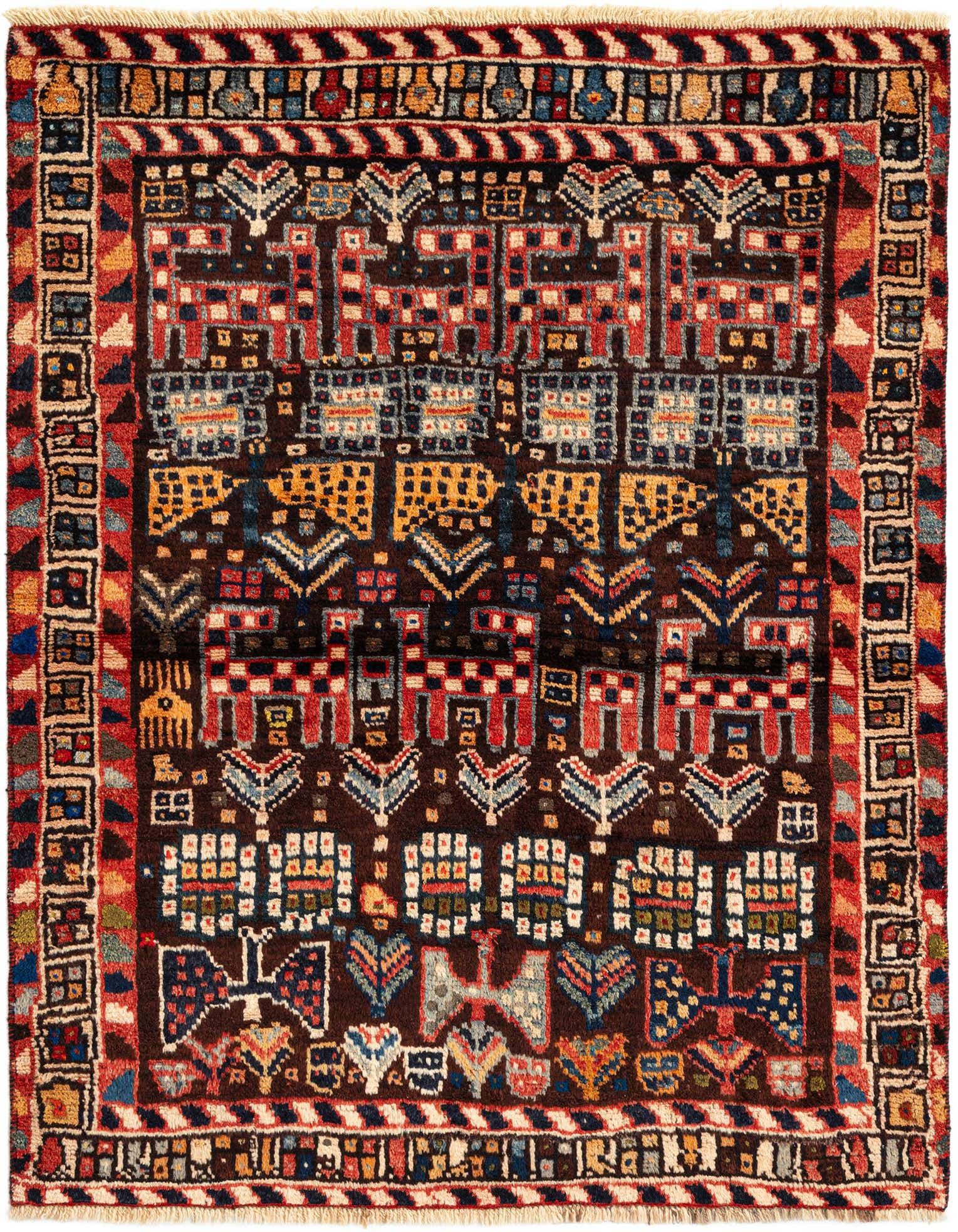A 3x5 rectangular Afshar Persian wool rug featuring a dark brown field with intricate geometric and stylized animal patterns in red, blue, gold, and cream.