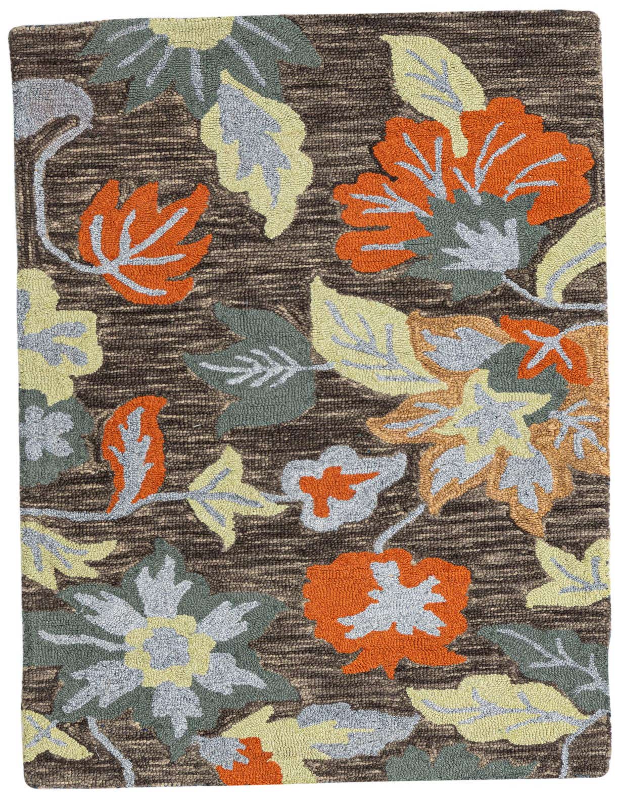 A rectangular 3x5 indoor area rug with a brown and tan background, featuring large modern floral patterns in orange, light yellow, and sage green.