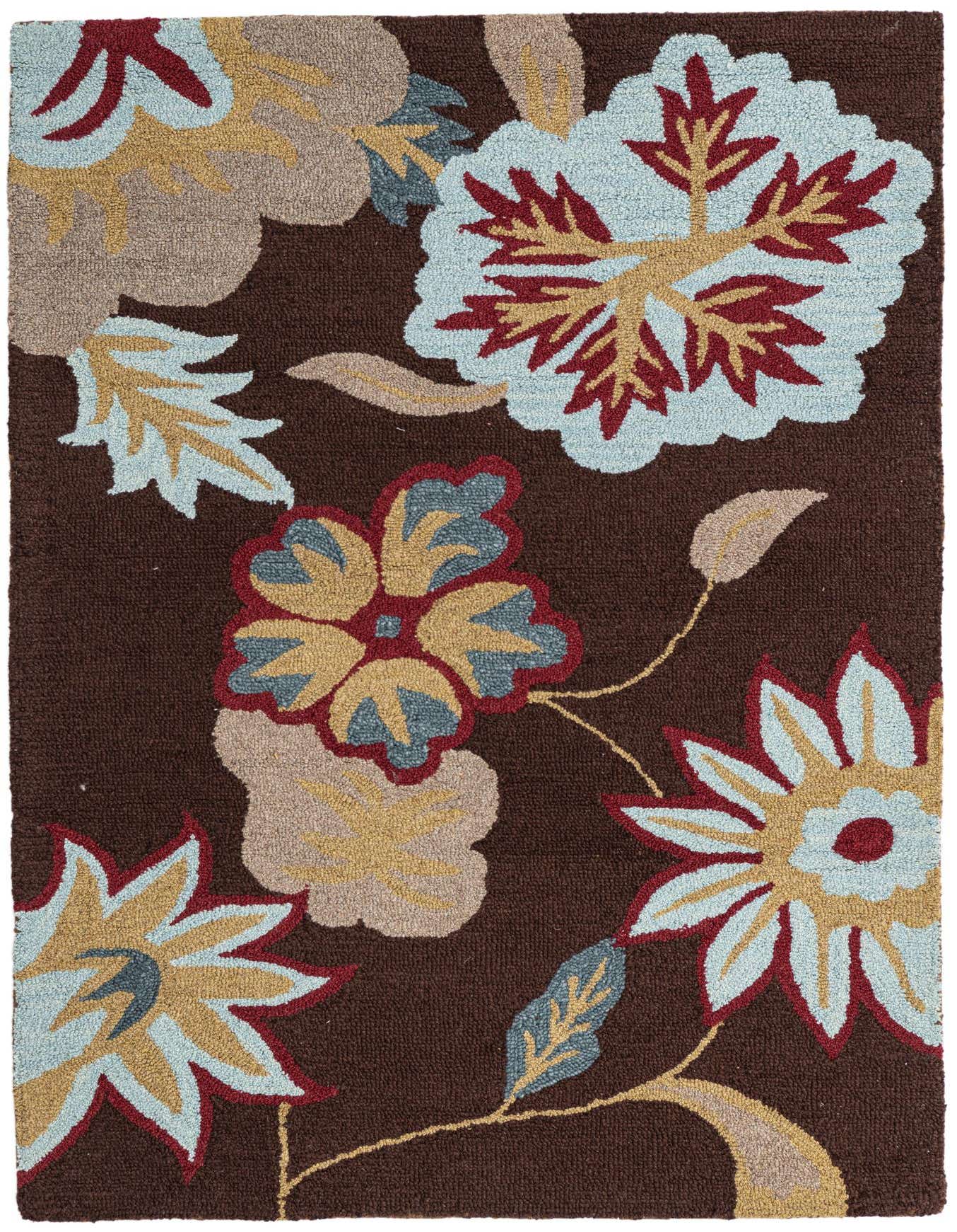 A 4x6 rectangular brown modern area rug with large floral patterns in light blue, gold, and red, suitable for a living room.