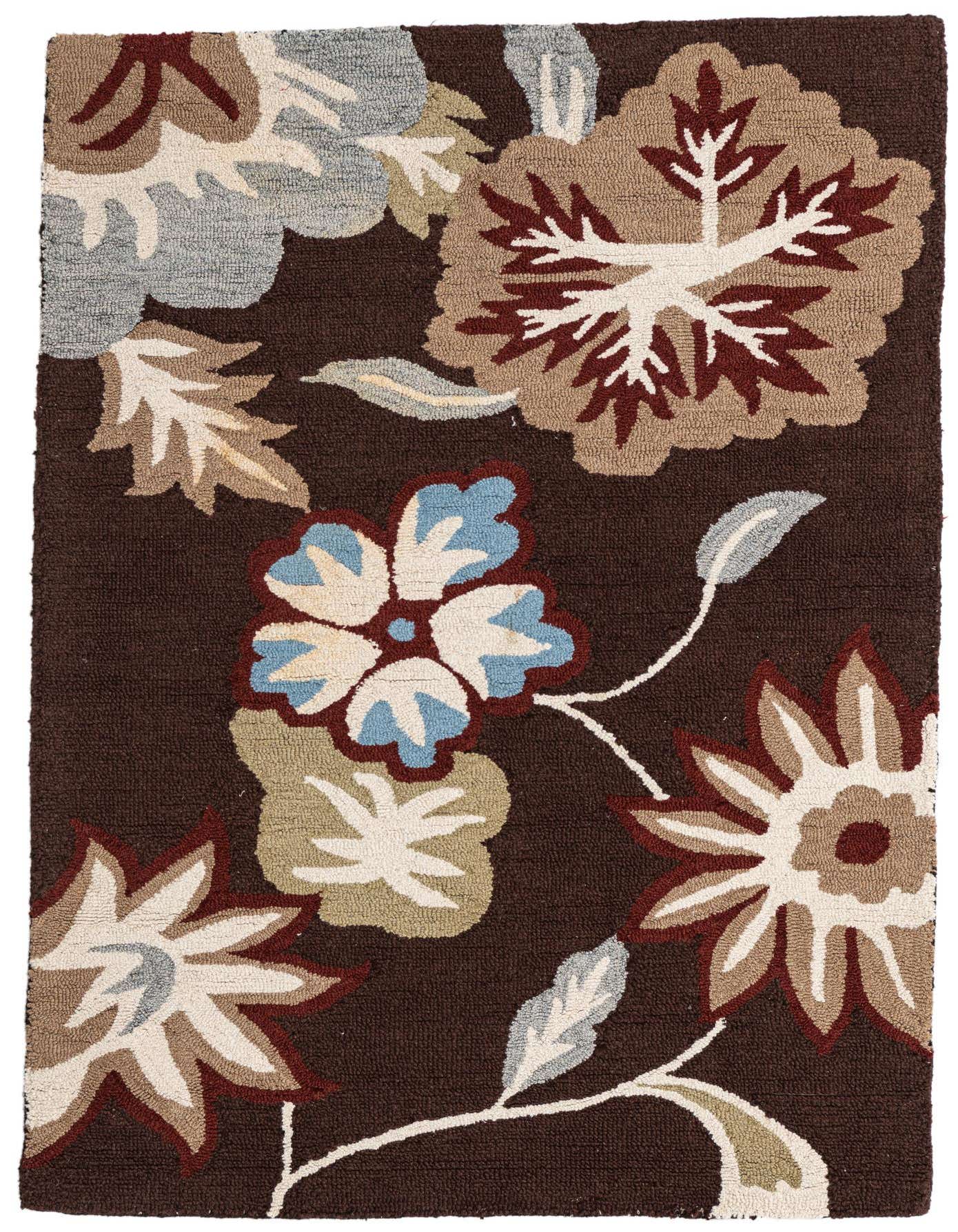 A 4x6 rectangular brown modern wool rug with large floral patterns in tan, cream, light blue, and burgundy.