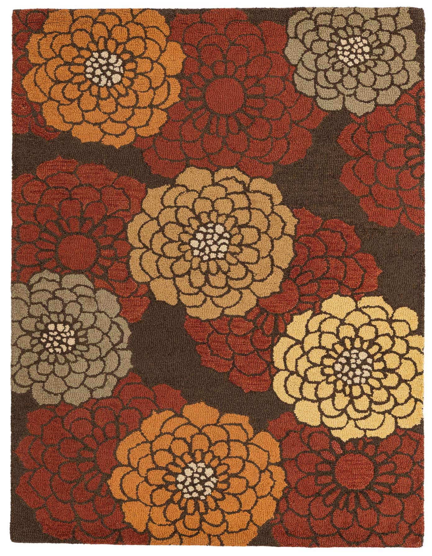 A 5x7 rectangular Agra rug with a brown background and large, colorful floral patterns in shades of orange, red, tan, and light green.