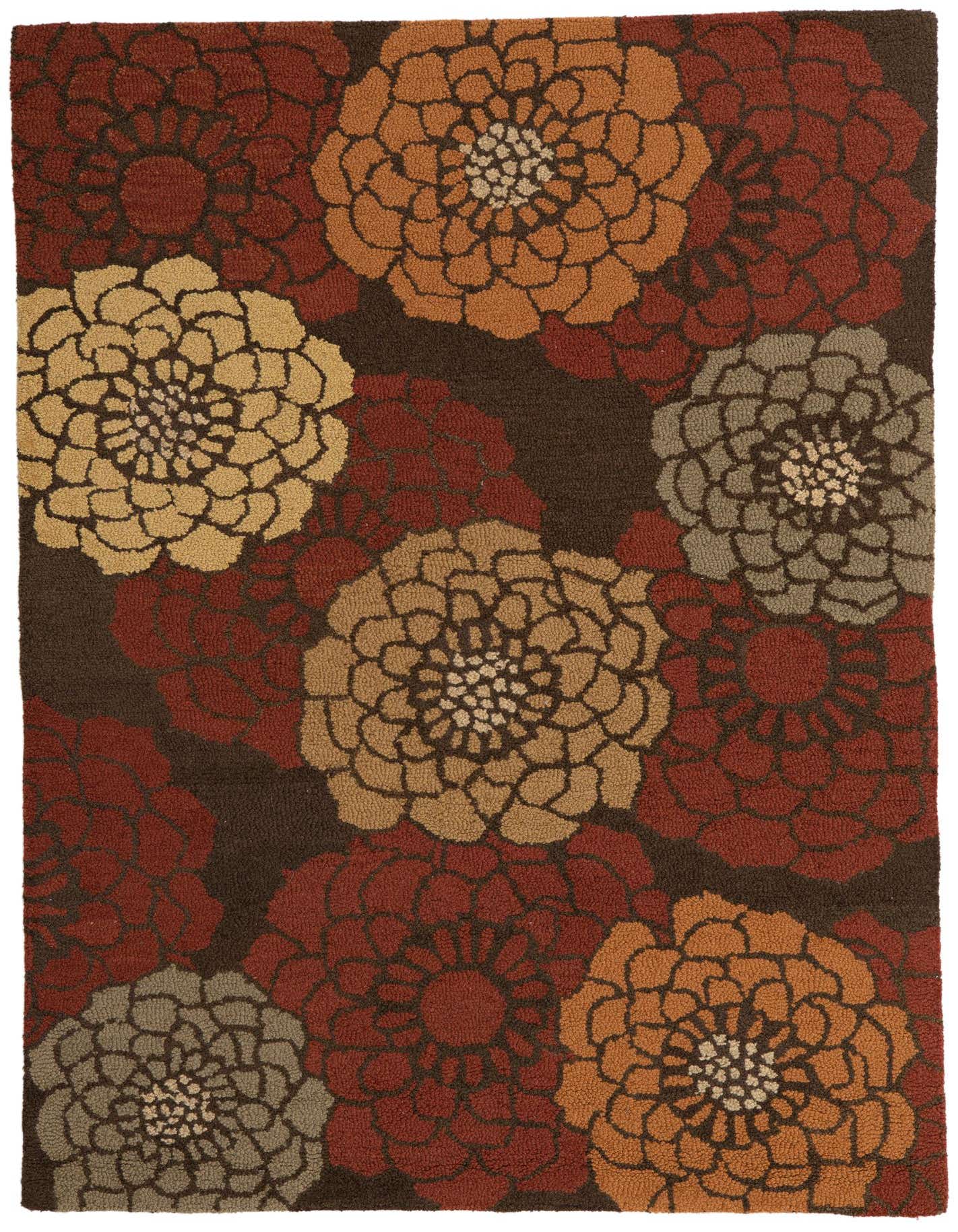 A 5x7 rectangular Agra rug featuring large, modern floral patterns in shades of brown, tan, orange, and red on a dark brown background.