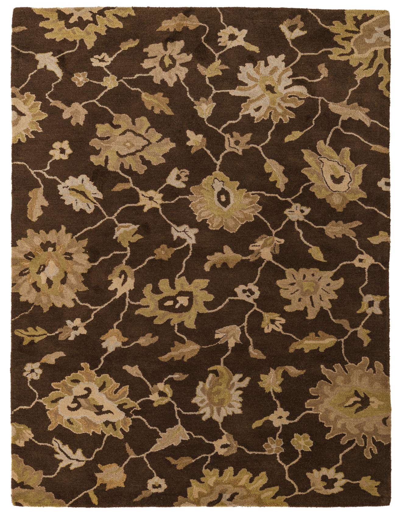 A 5x8 rectangular brown area rug with a modern floral pattern in tan and light brown, suitable for a living room.