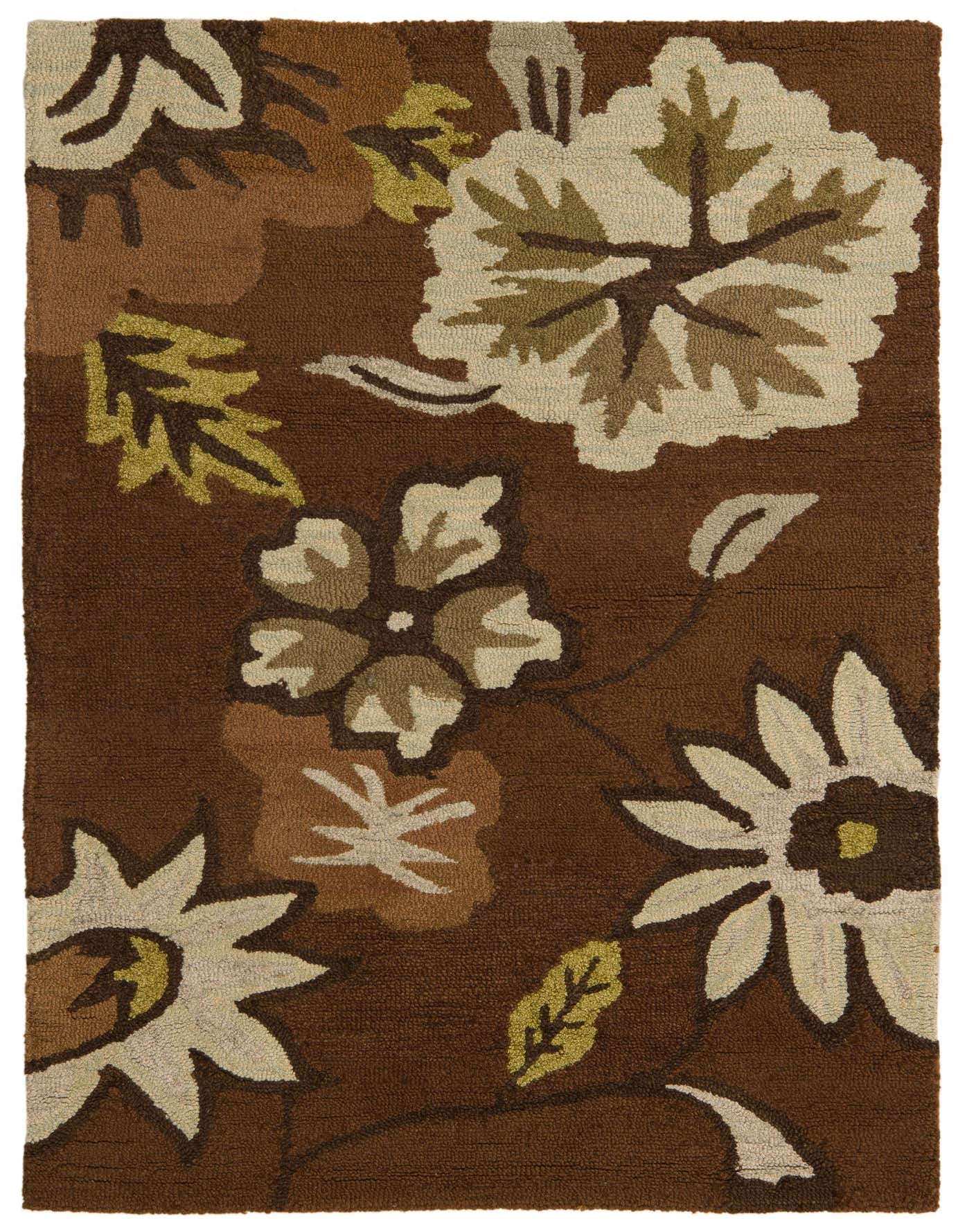 A 4x6 rectangular brown wool rug with a high pile, featuring large tan and olive floral patterns.