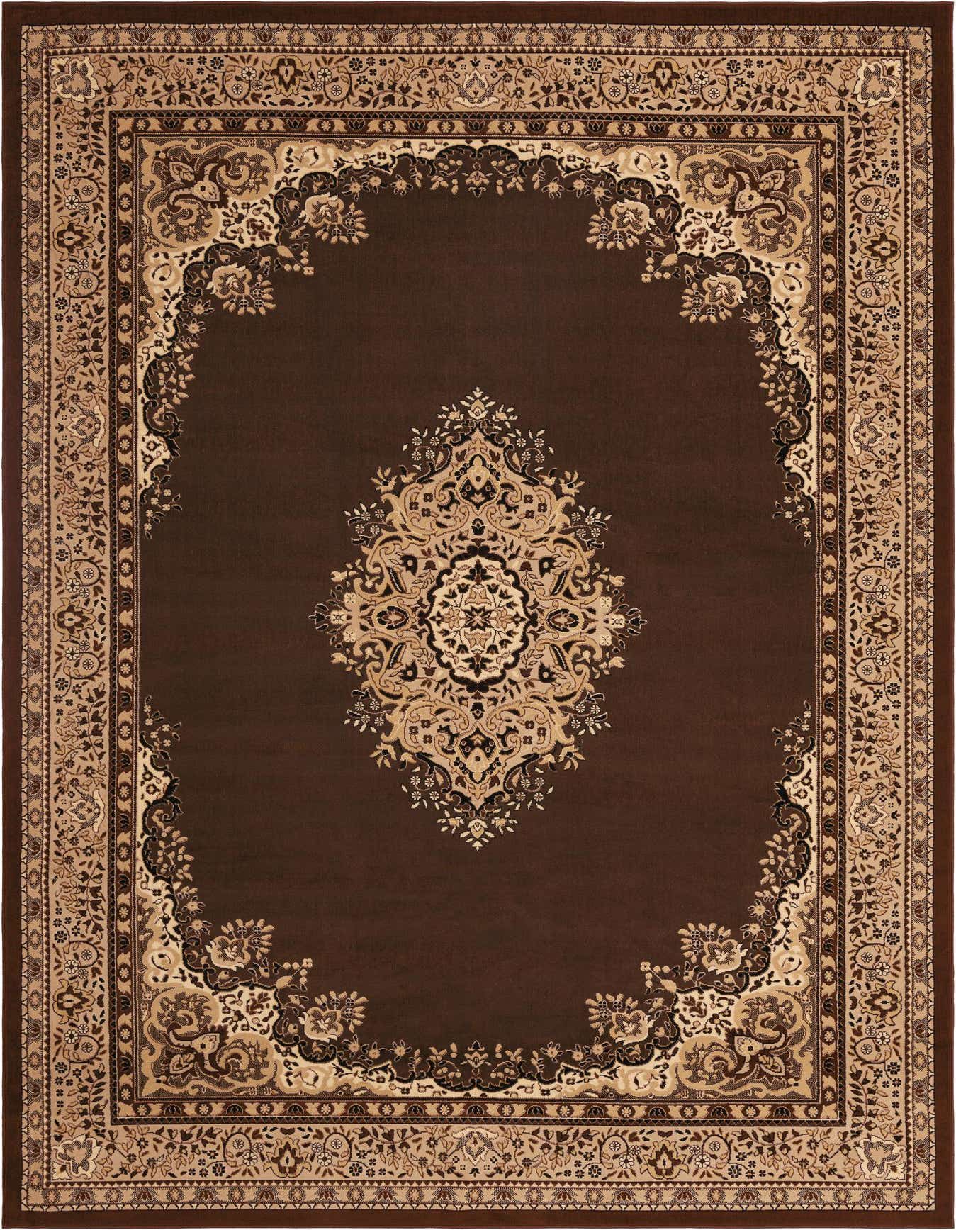 A 10x14 rectangular brown rug with an ornate tan and black traditional medallion pattern and border.