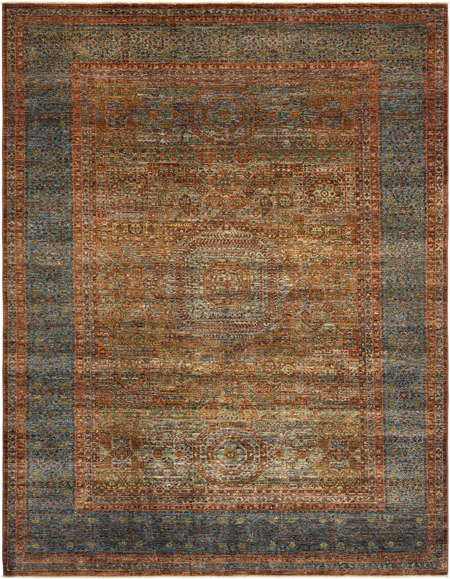 A 7x10 rectangular Amina Persian wool rug in shades of brown and tan with intricate traditional patterns and a subtle blue border.