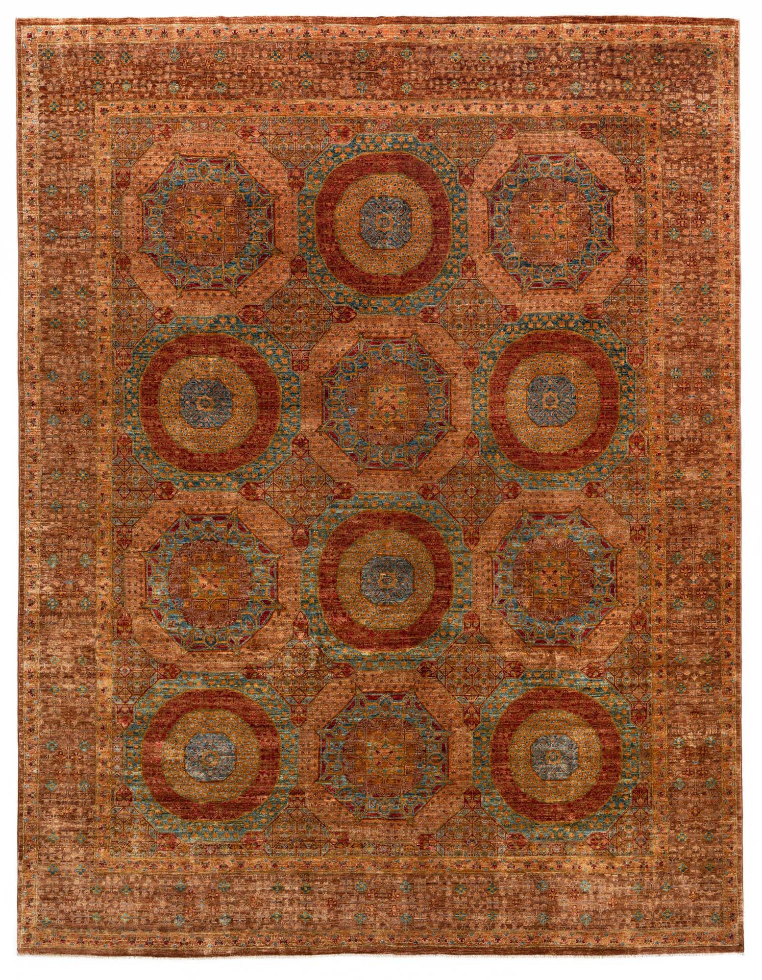 Amina 8x10 rectangular Persian rug in warm browns and tans, featuring intricate medallion patterns in red and teal.