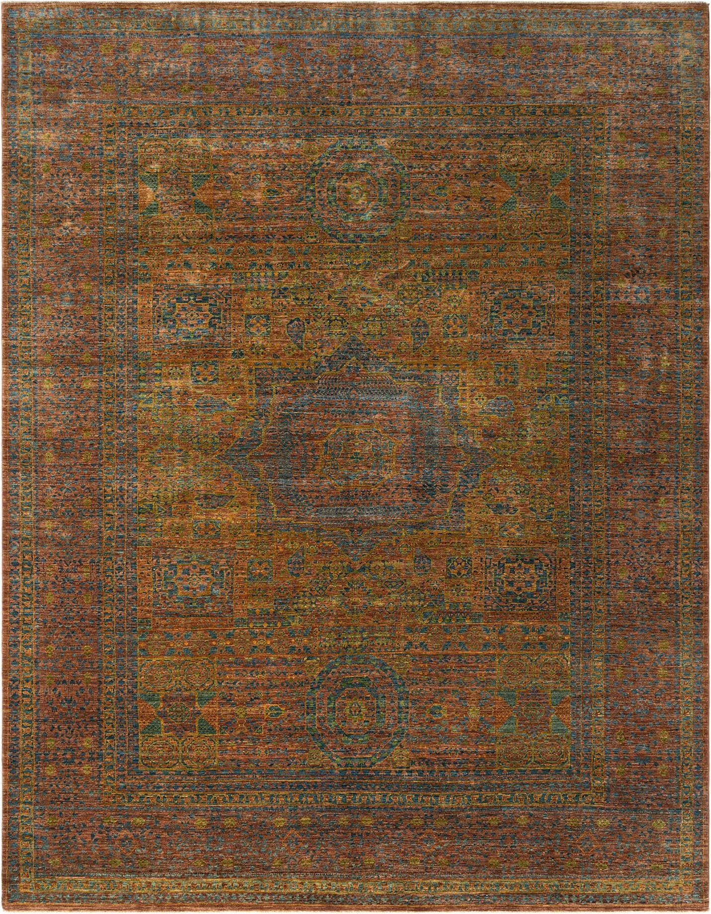 A rectangular 8x11 Amina Persian rug in warm browns and tans with intricate blue and green traditional patterns.