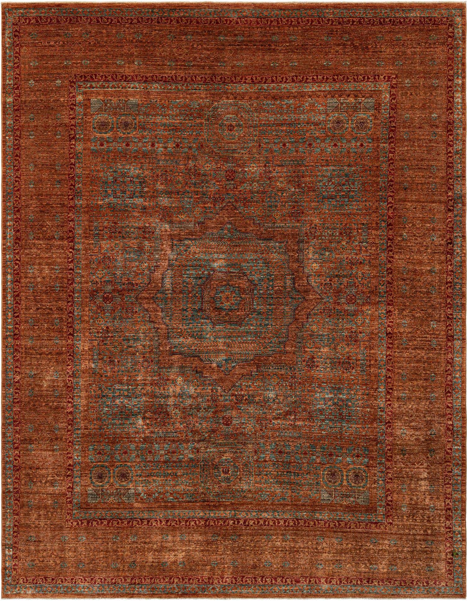 A rectangular handmade Persian wool rug featuring a distressed brown and tan field with intricate teal and rust traditional patterns and a complementary border.