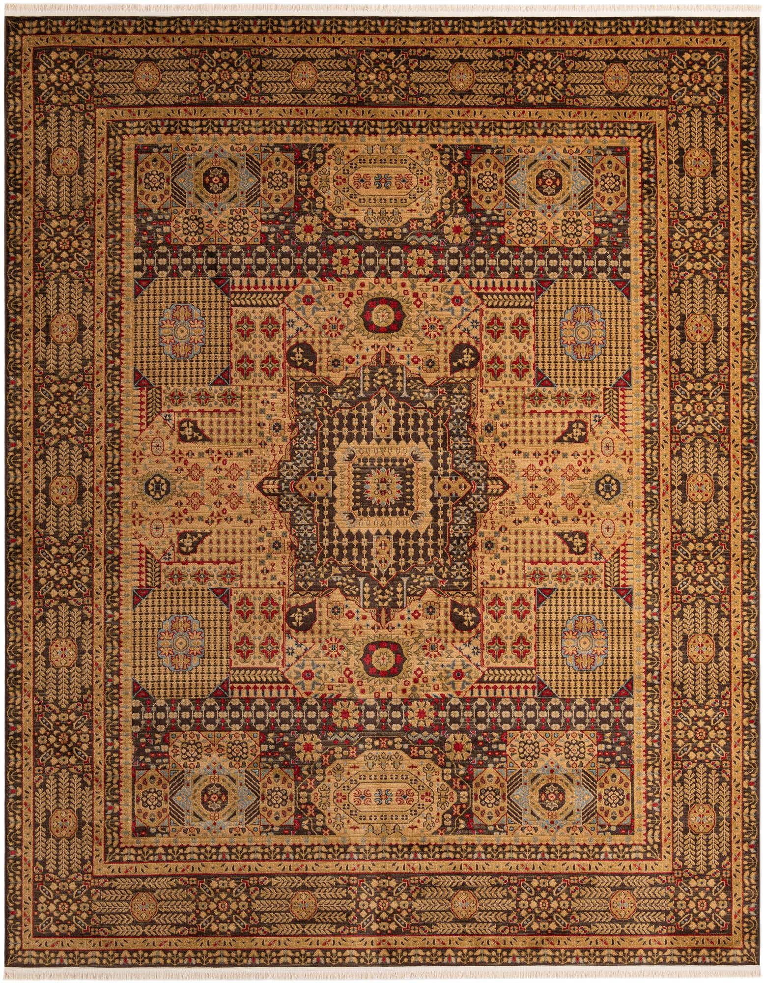 A 10x11 rectangular Amina rug featuring a complex medallion and tribal pattern in browns, tans, and reds.