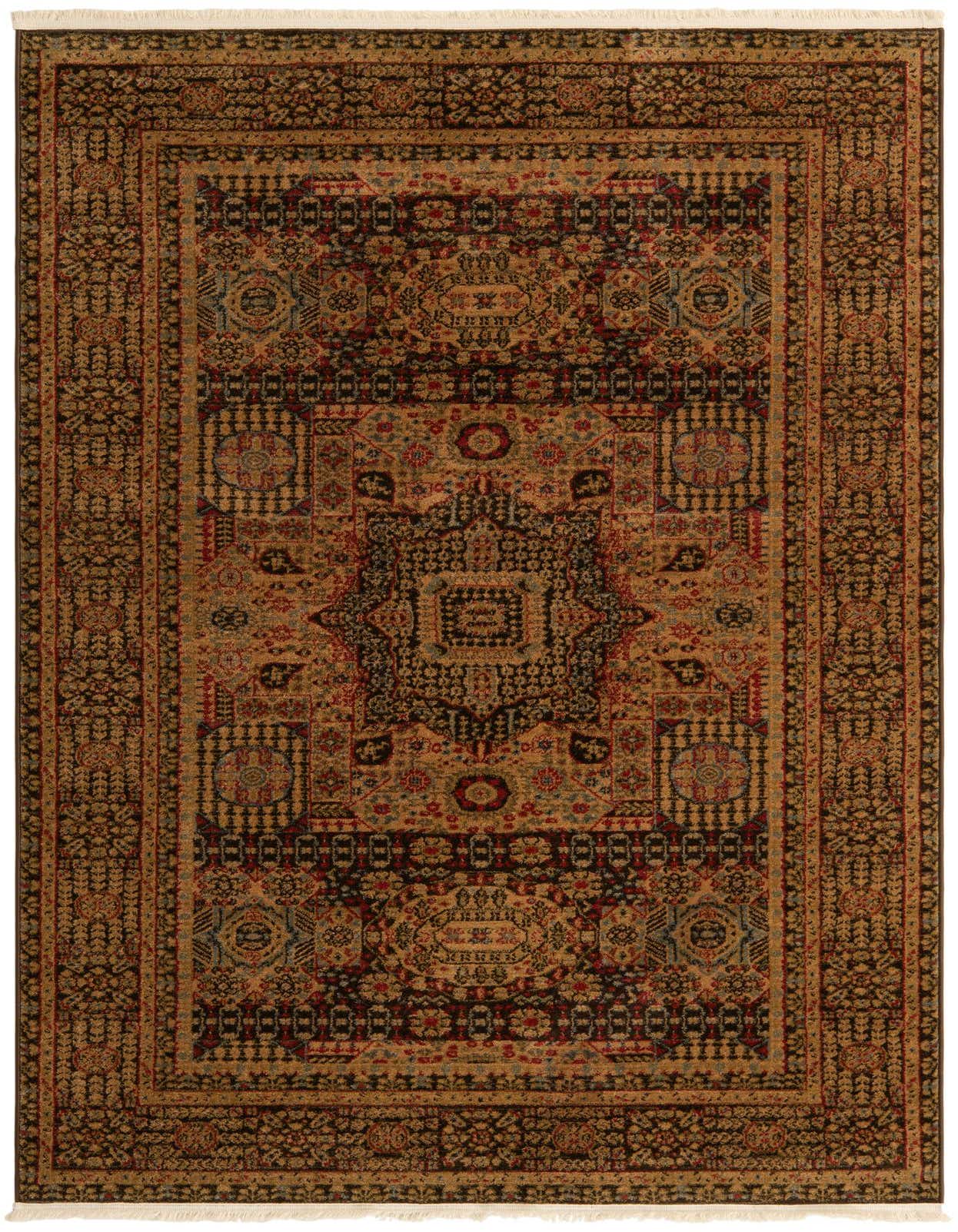 A 5x8 rectangular Amina rug featuring a traditional medallion pattern in rich browns, tans, and deep reds, with fringed ends.