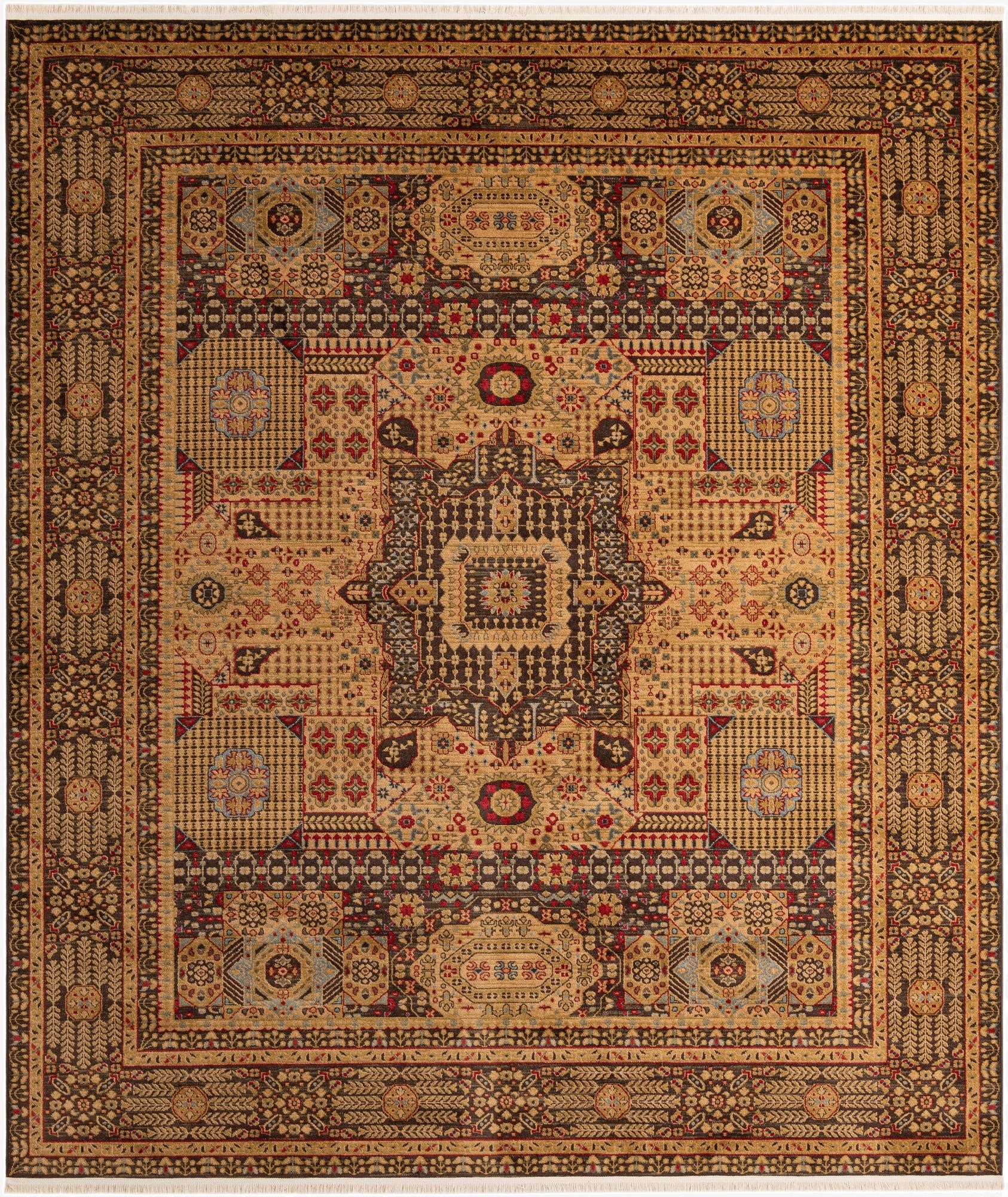 A 10x11 rectangular Amina rug featuring a complex medallion and tribal pattern in browns, tans, and reds.