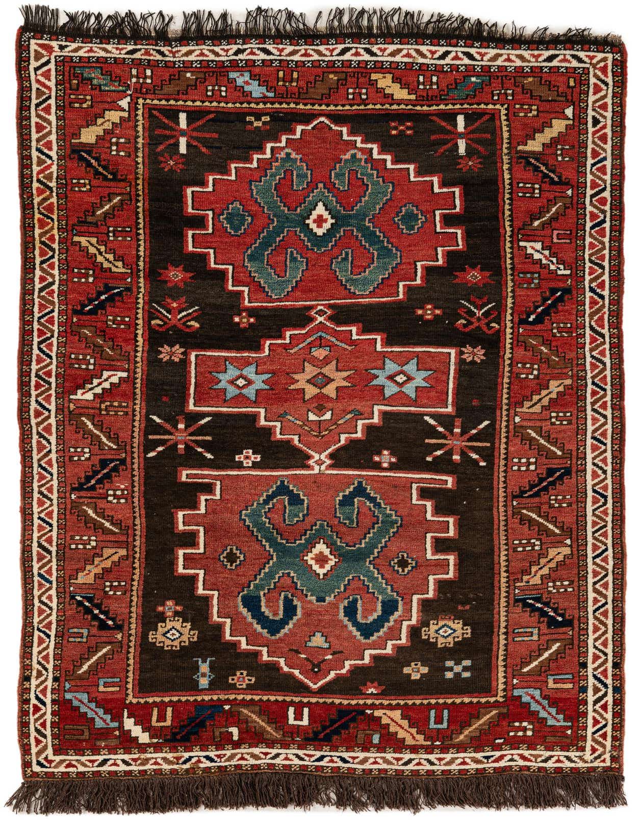 A 4x6 rectangular Anatolian Oriental rug featuring a rich brown field with red, blue, and tan geometric patterns, and fringed ends.