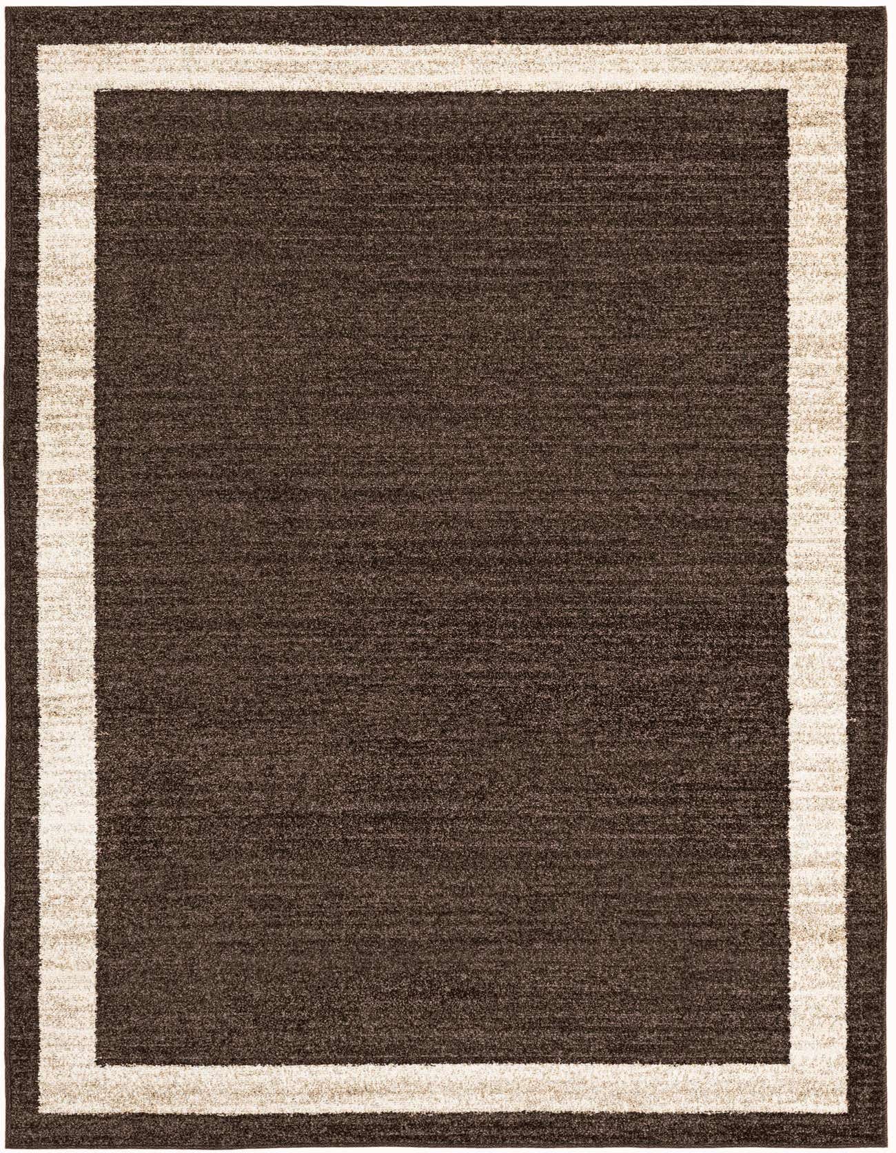A 5x8 rectangular brown area rug with a light tan border, suitable for a living room or bedroom.