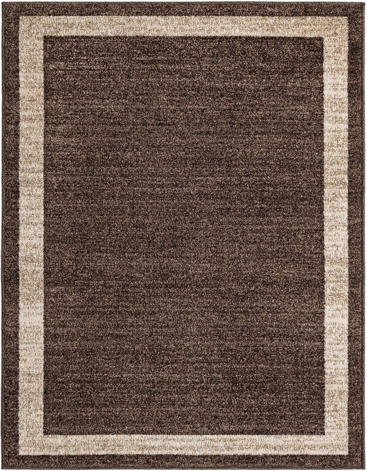 A rectangular 3x5 brown area rug with a tan border, featuring a solid contemporary design, suitable for indoor spaces.