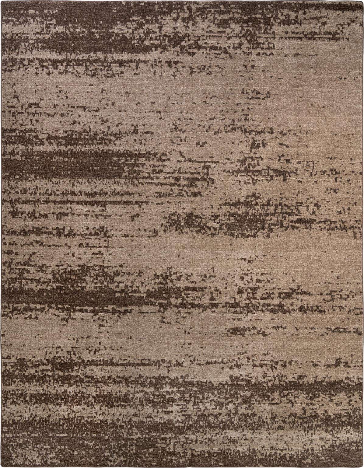 A 10x16 rectangular modern area rug in varying shades of brown and tan, featuring an abstract, distressed pattern.