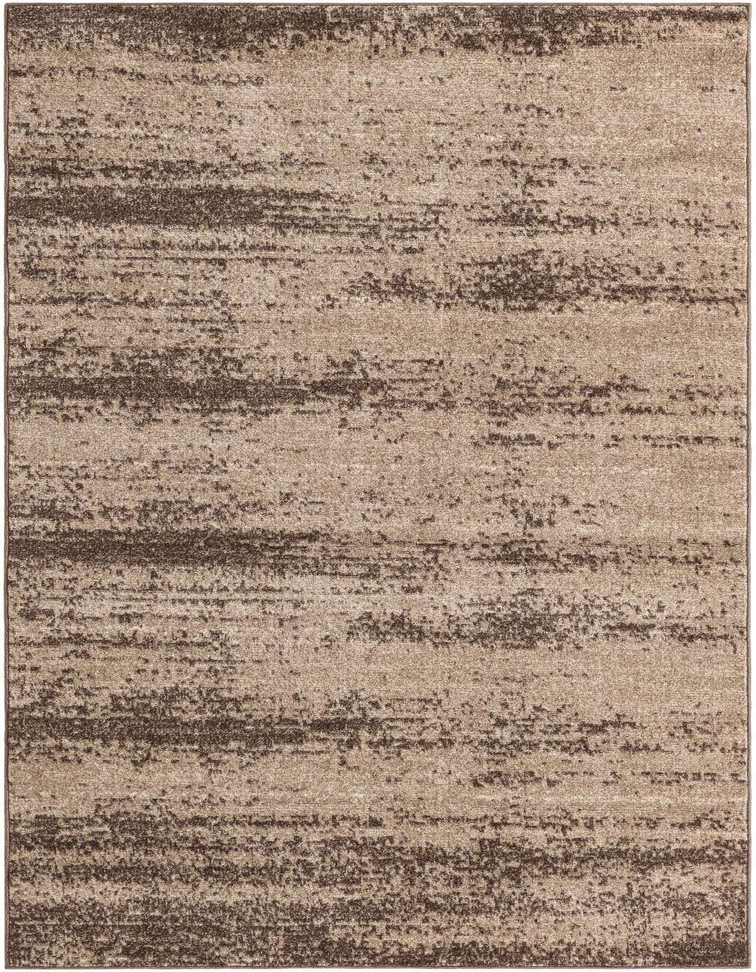 A 6x9 rectangular area rug featuring an abstract pattern of varying brown and tan shades, suitable for a living room.
