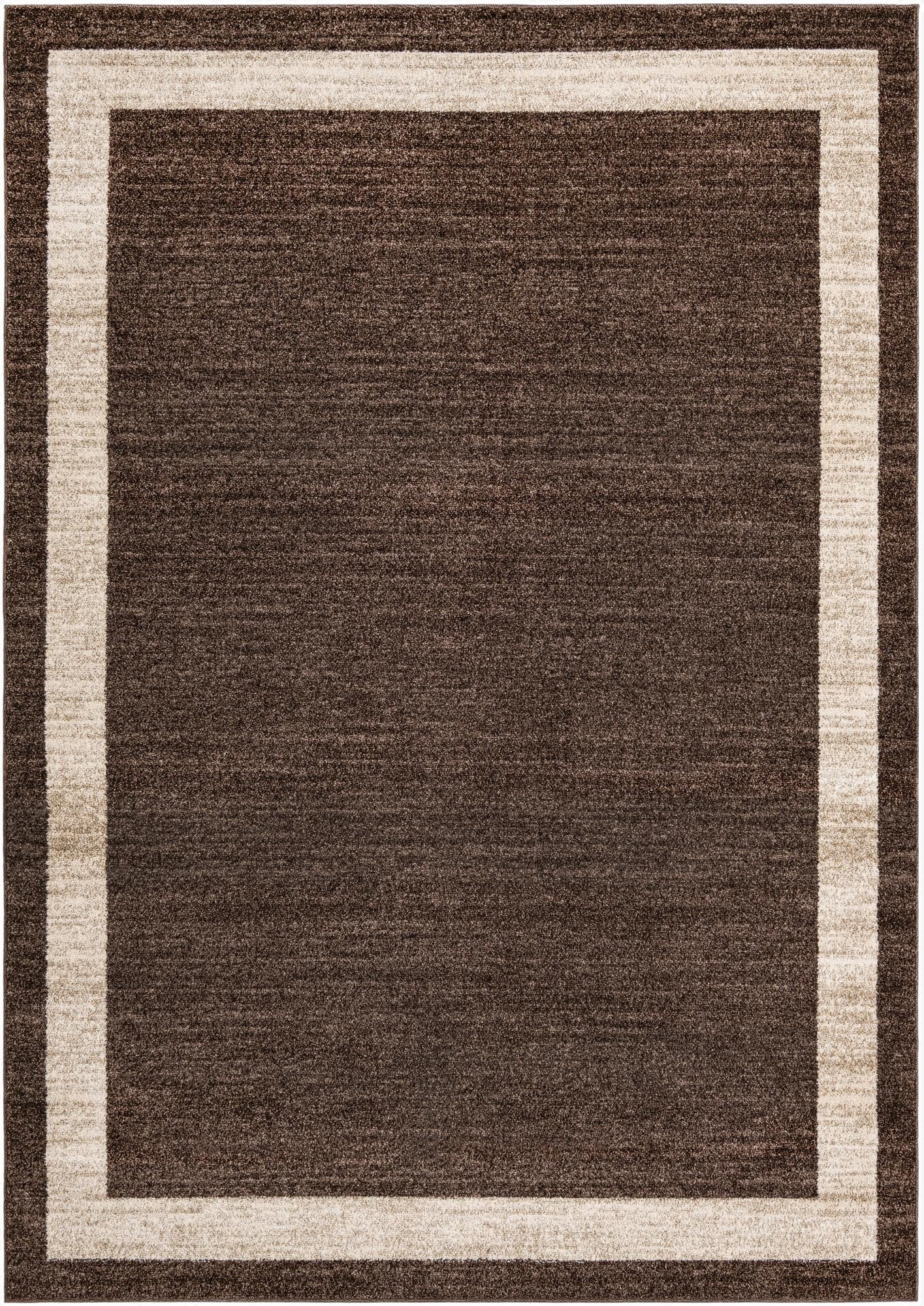 A 7x10 rectangular Angelica rug in varying shades of brown with a tan border, suitable for a living room.