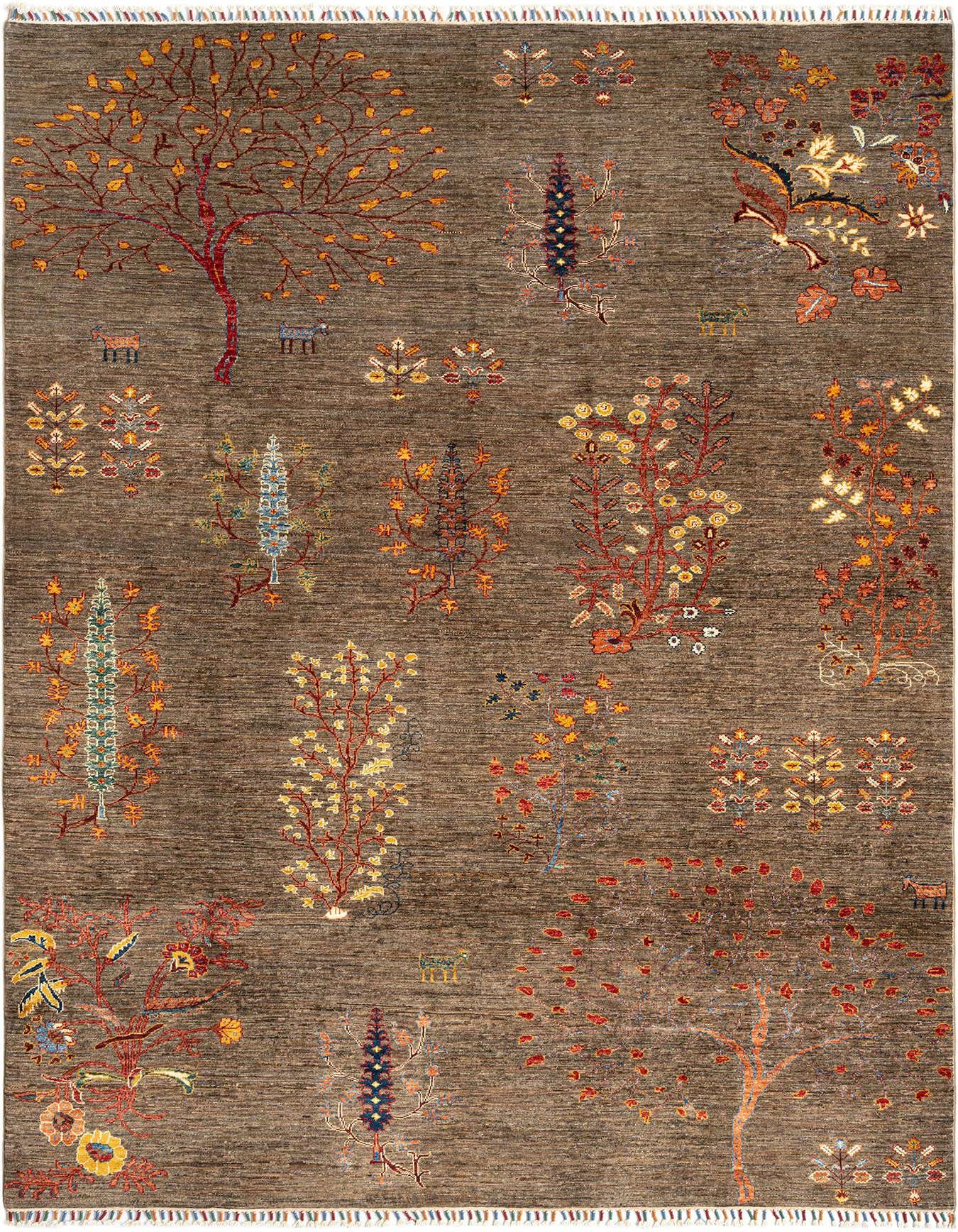 A 7x10 rectangular brown Persian wool rug featuring a vibrant, multicolored tree-of-life pattern with various floral and animal motifs, suitable for a living room.