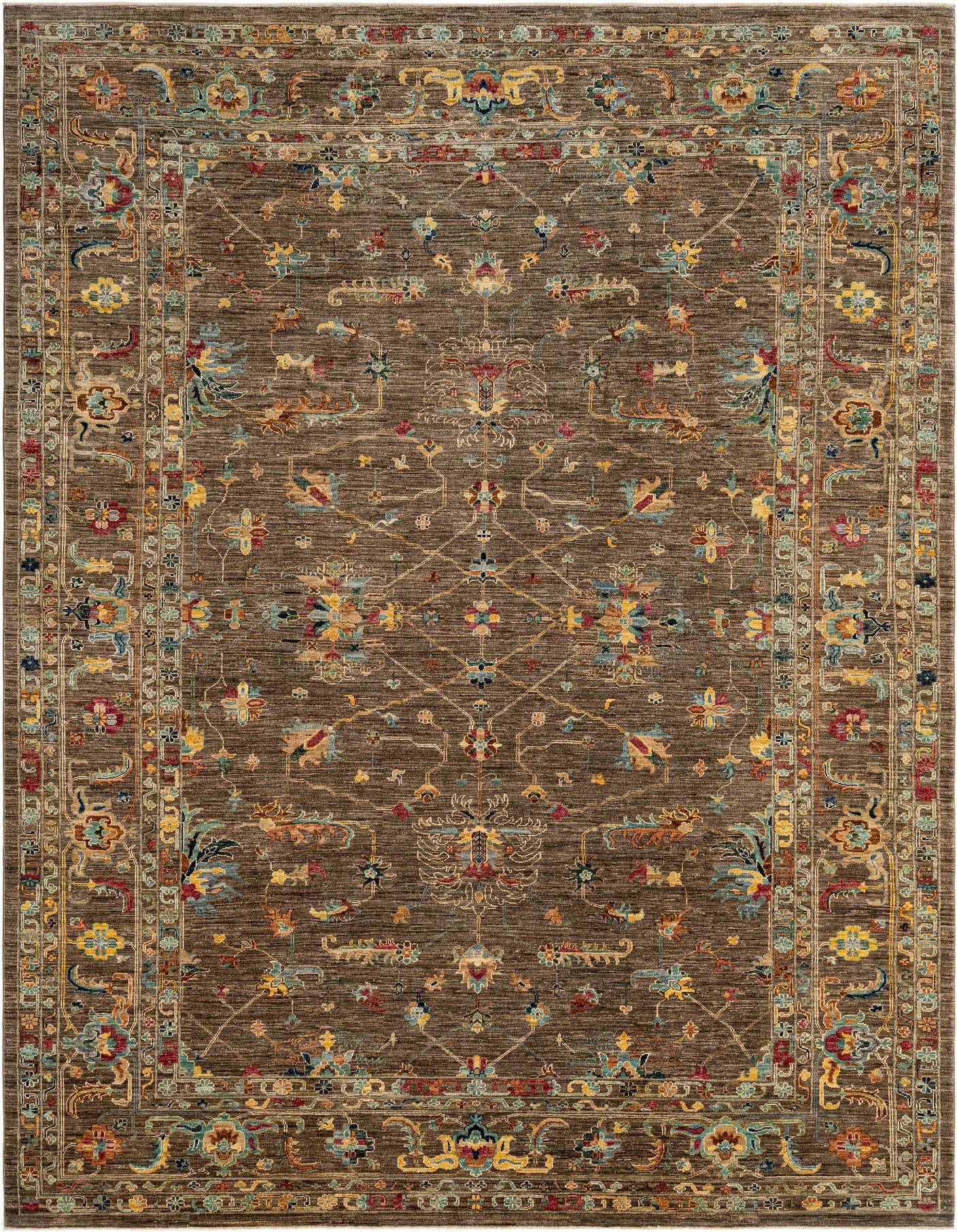 A rectangular Ariana Persian rug in shades of brown and tan, featuring intricate floral and medallion patterns in blue, red, and yellow.