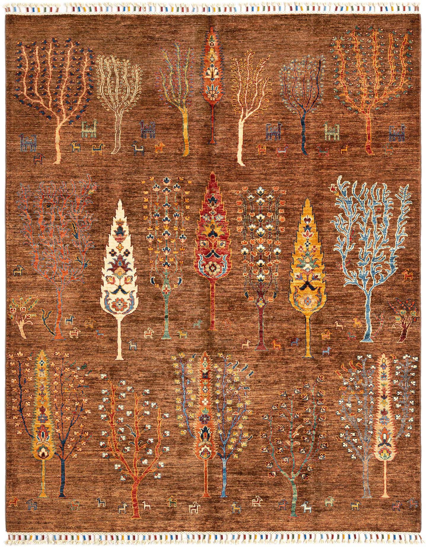 A 5x8 rectangular brown wool rug with a detailed Persian tree-of-life pattern and small animal motifs.