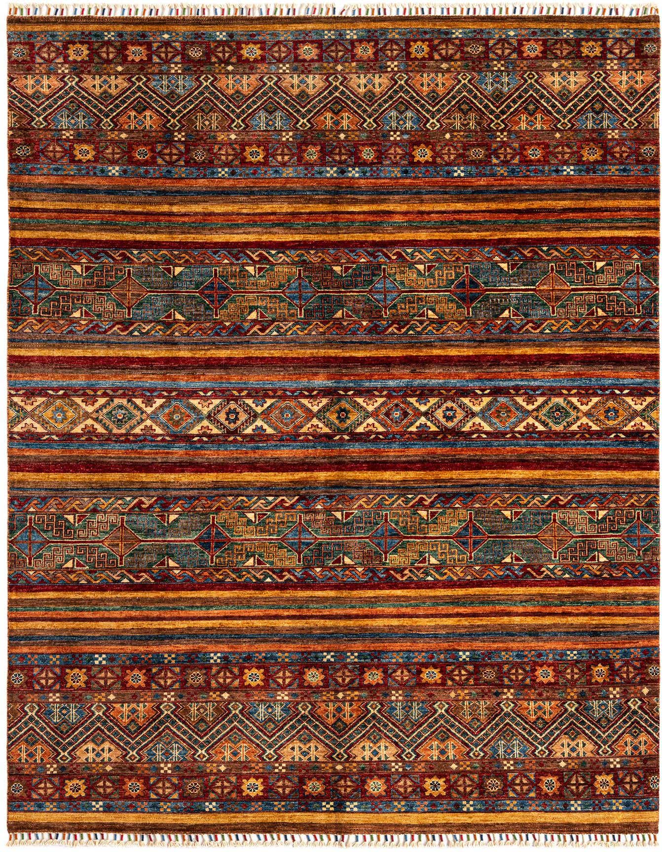 A 5x8 rectangular Ariana Ziegler Persian rug with intricate patterns in rich browns, tans, blues, and reds, ideal for a living room.