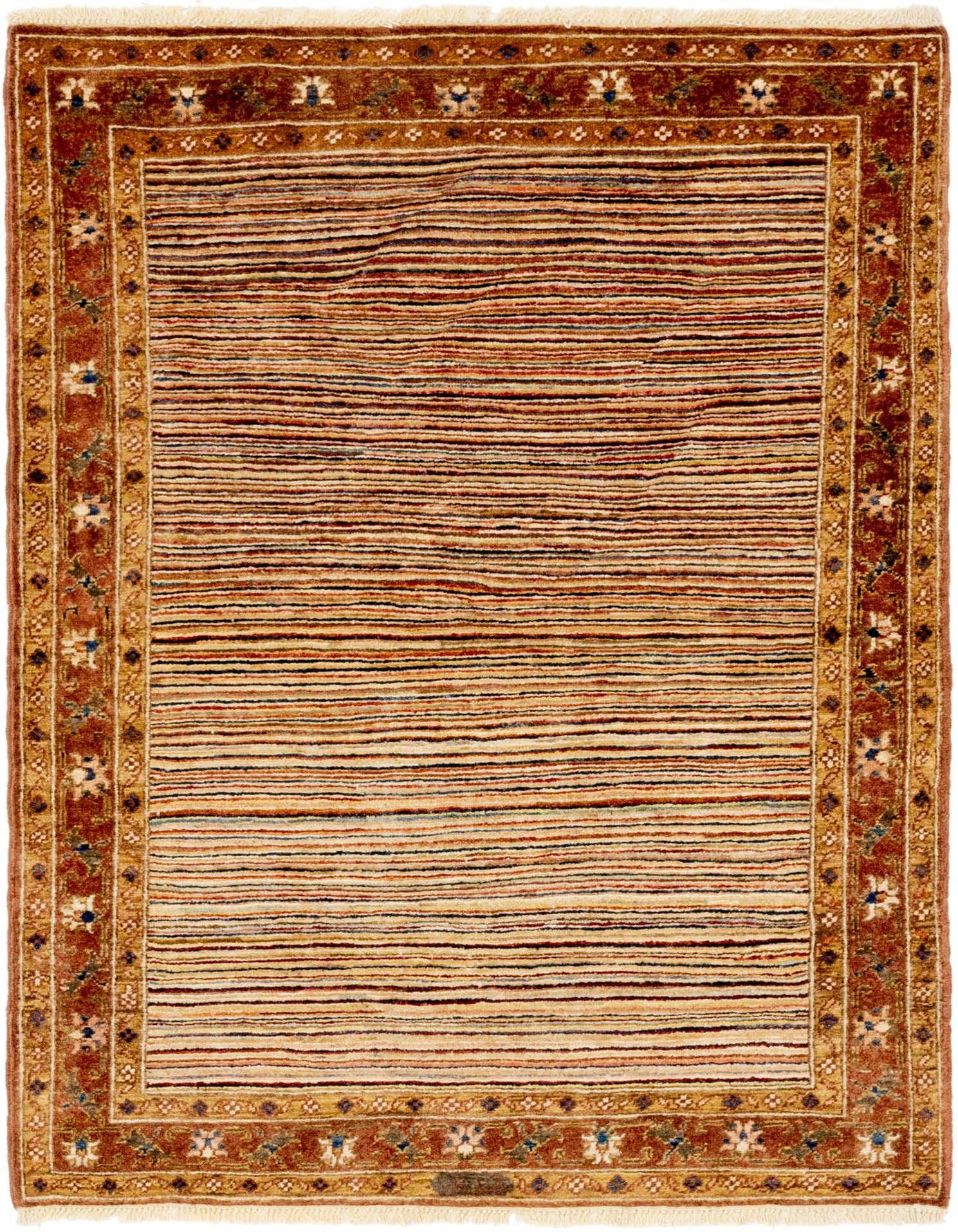A 4x6 rectangular Ariana Ziegler wool rug featuring a striped tan and brown center with a detailed oriental border.