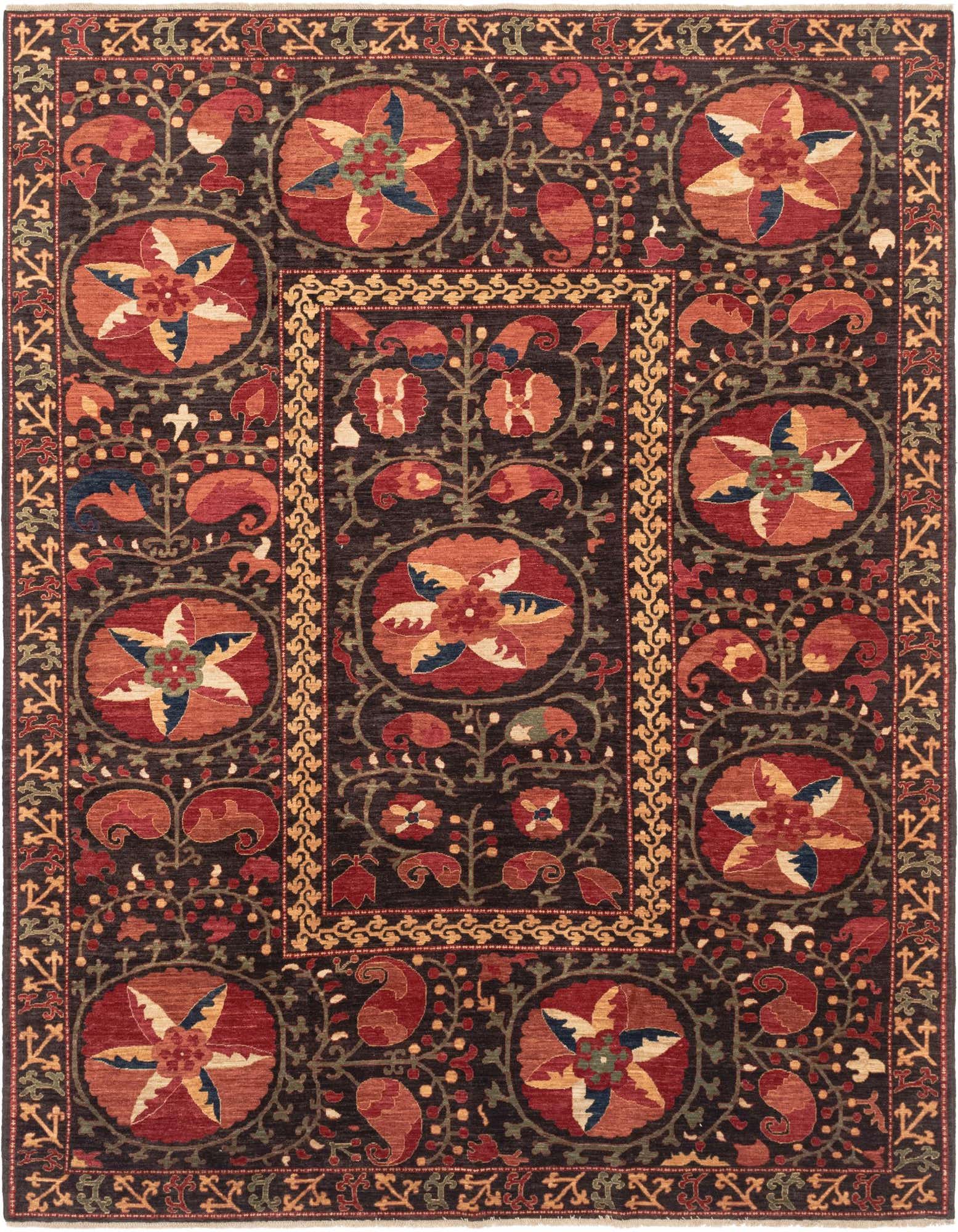 An 8x10 rectangular Ariana Ziegler rug featuring a dark brown background with large, colorful floral and paisley motifs in red, orange, blue, and tan, framed by a patterned border.