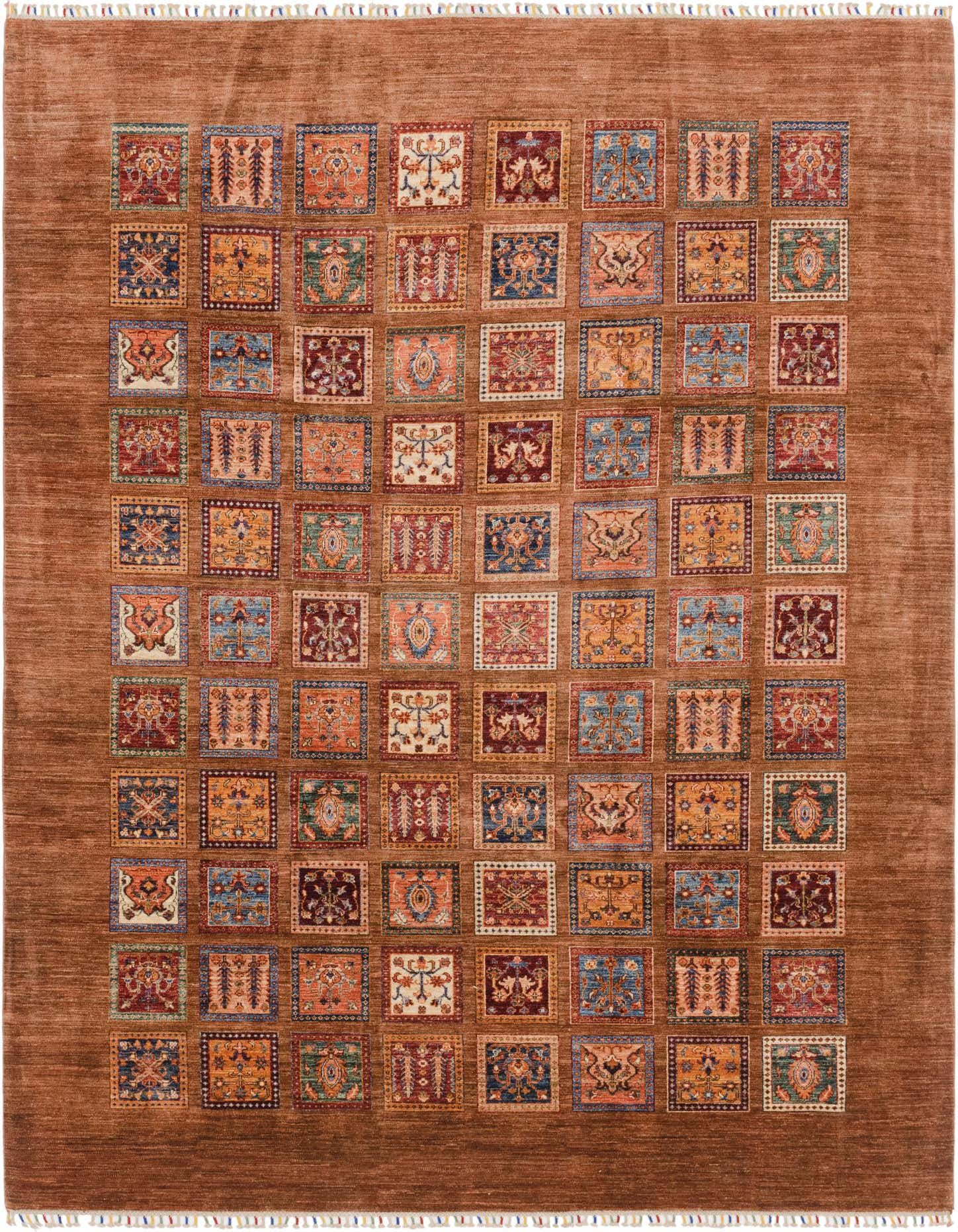 A rectangular 8x11 Ariana Ziegler rug features a rich brown border and a grid of colorful Southwestern and Oriental patterns.