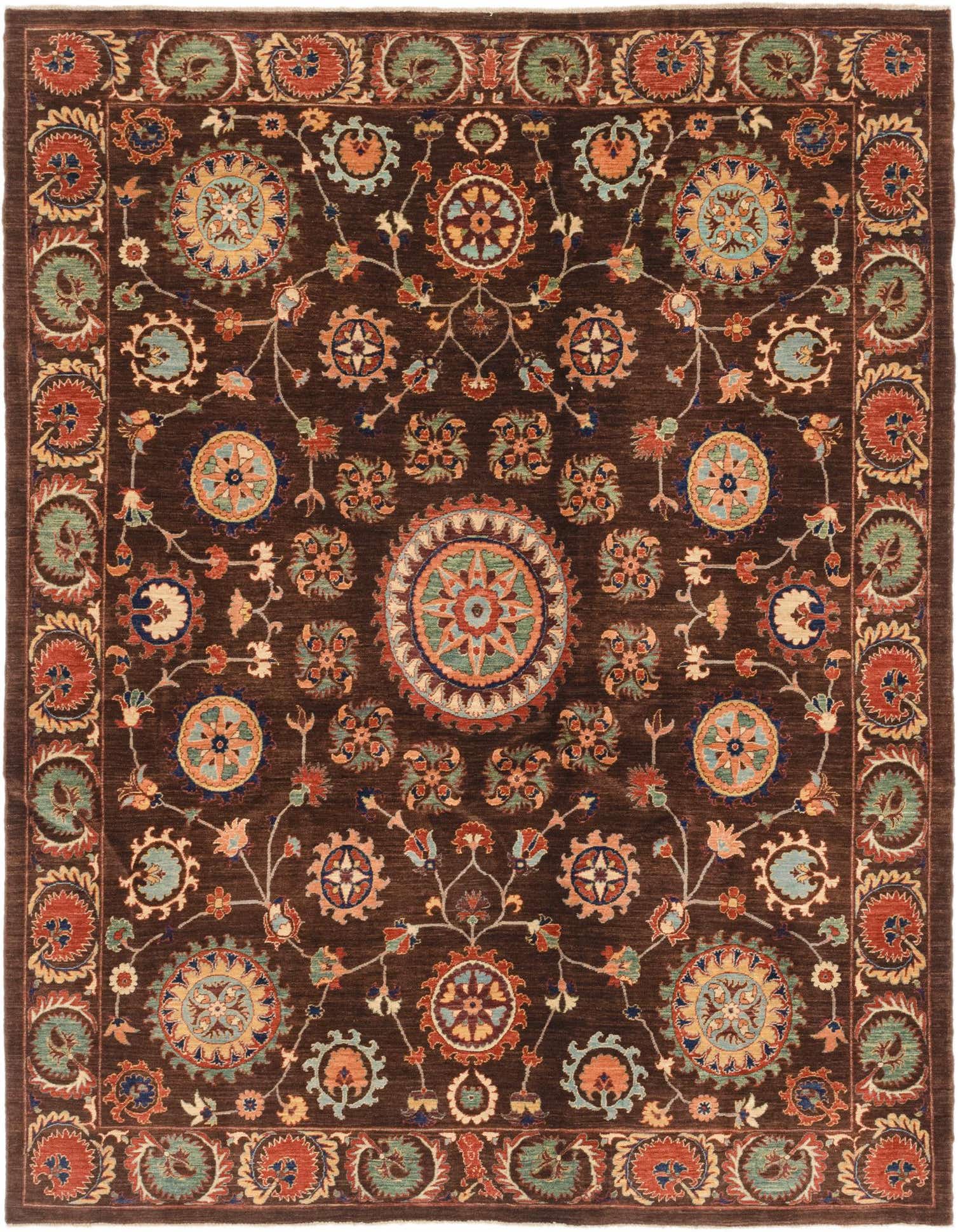 A 7x10 rectangular Ariana Ziegler rug featuring a rich brown background with intricate traditional tribal patterns in tans, blues, and reds, ideal for a living room.