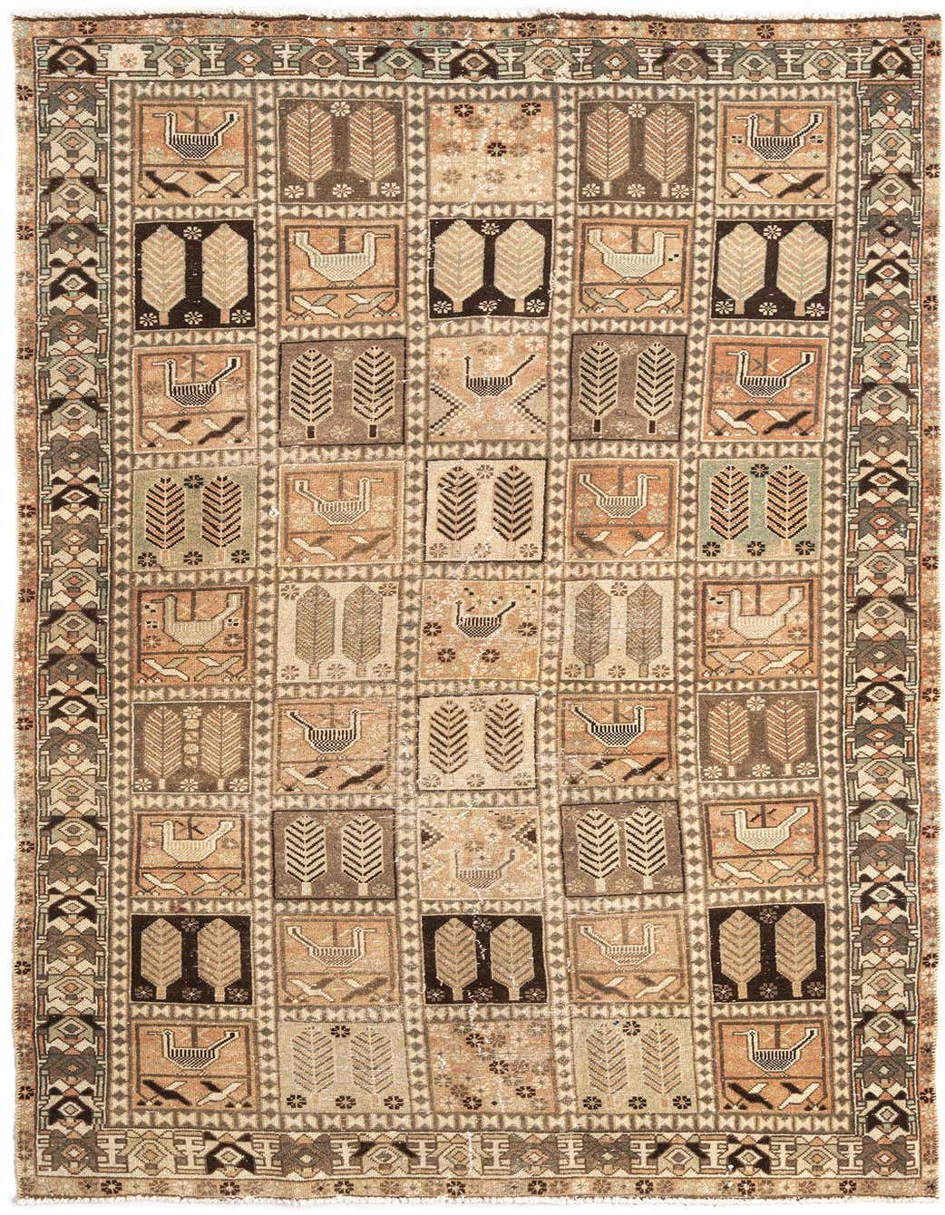 A 5x8 rectangular Bachtiar Persian wool rug in browns and tans, featuring a grid pattern of trees and birds.