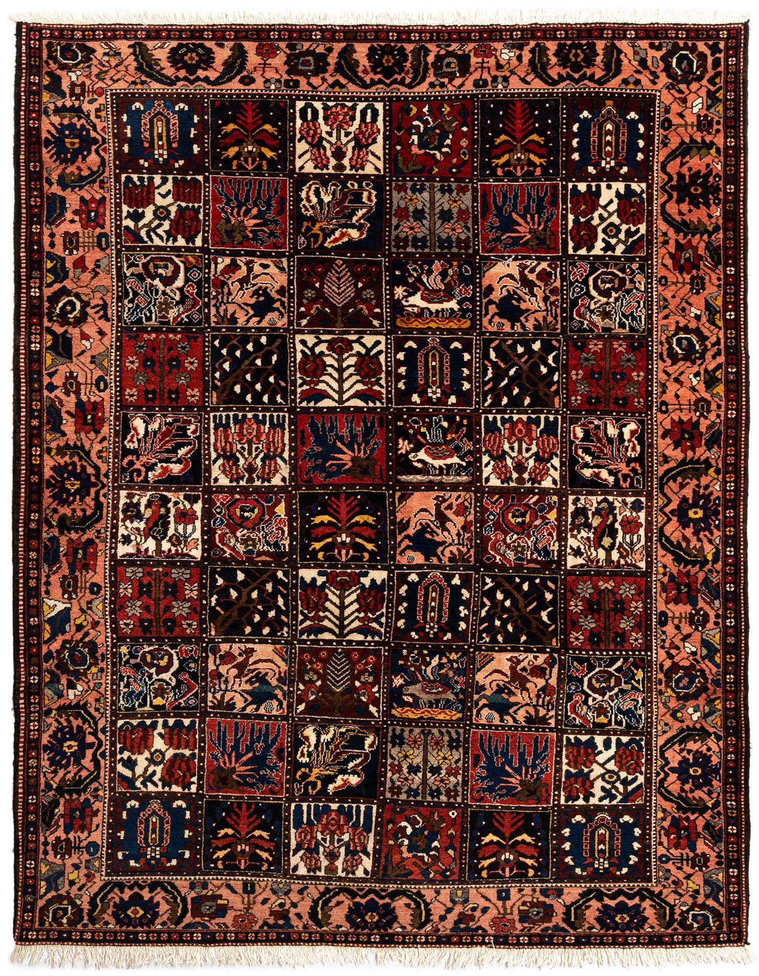 A 7x10 rectangular Persian rug featuring a grid of squares in various shades of brown, tan, red, and blue, each with unique floral and animal motifs, framed by a detailed border.
