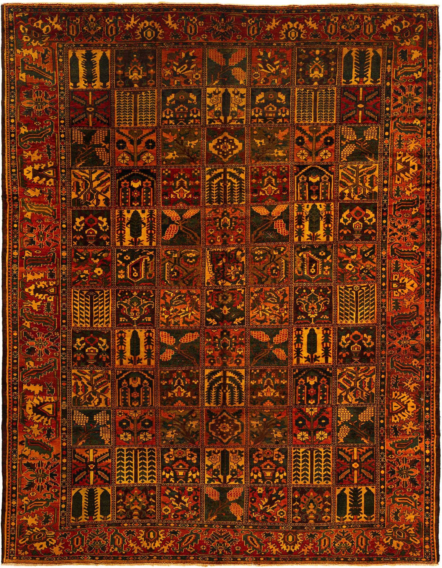 A large 10x13 rectangular Persian rug featuring a grid of intricate, colorful motifs in browns, tans, reds, and greens.