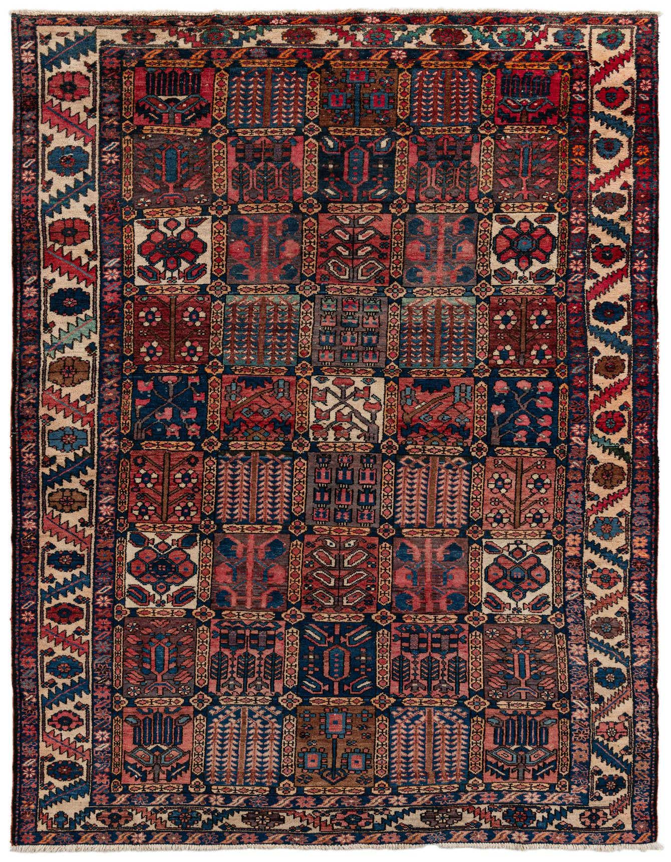 A 7x10 rectangular Bachtiar Persian rug with a traditional grid pattern in brown, tan, blue, and red tones, suitable for a living room.