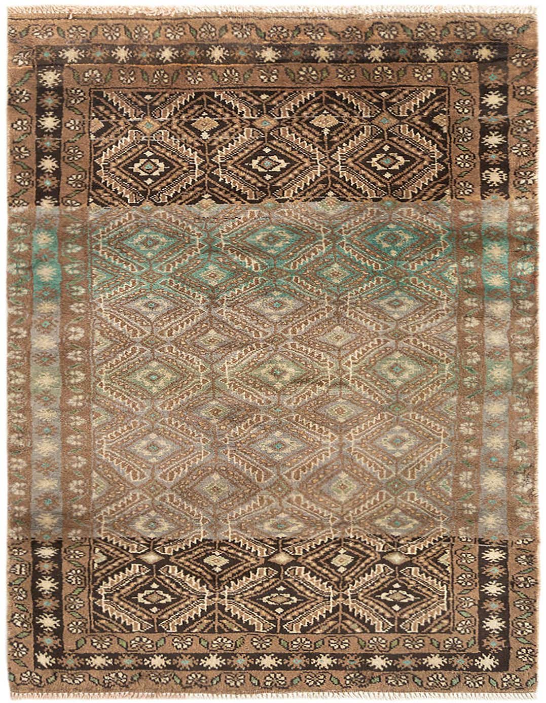 A 3x5 rectangular Balouch rug with tribal patterns in shades of brown, tan, and subtle teal accents.