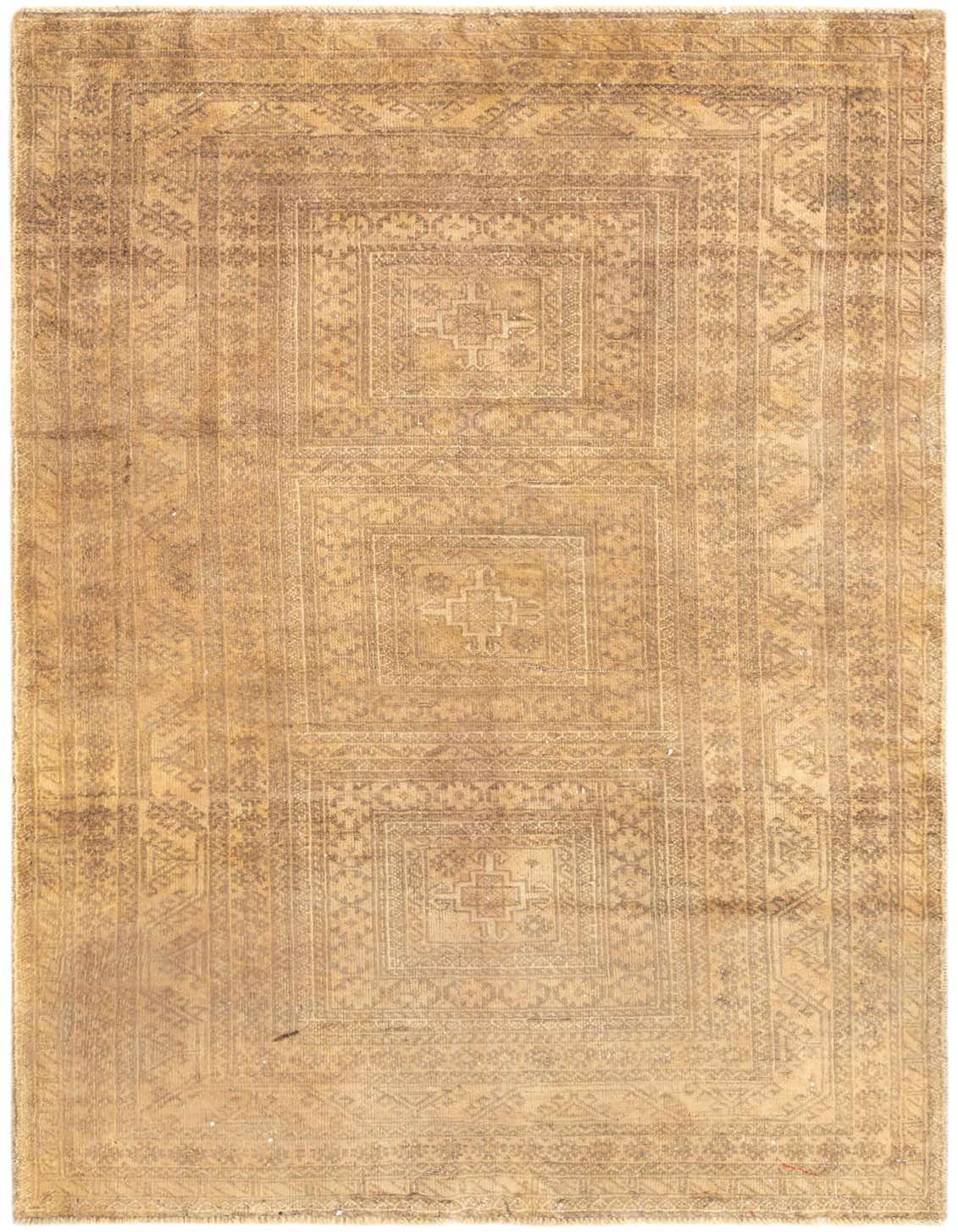 A 3x5 rectangular Balouch rug in shades of brown and tan with a traditional tribal pattern, suitable for an entryway.
