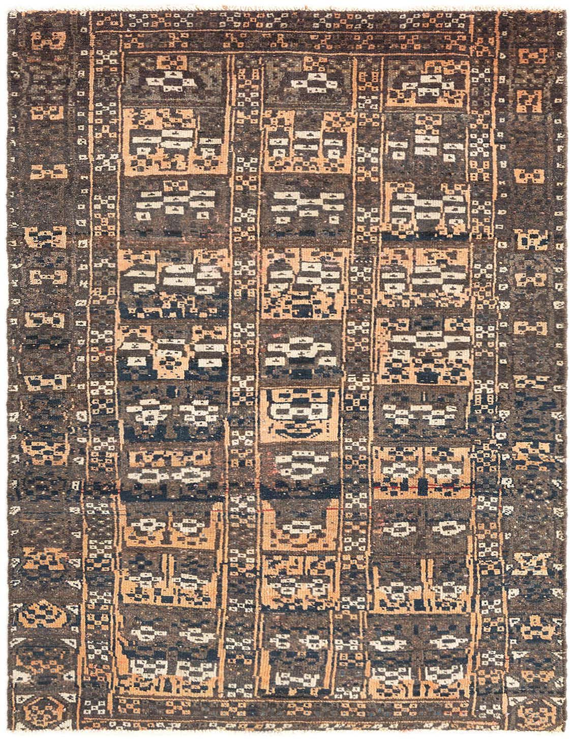 A 3x5 rectangular Balouch tribal rug in shades of brown and tan, featuring geometric patterns.