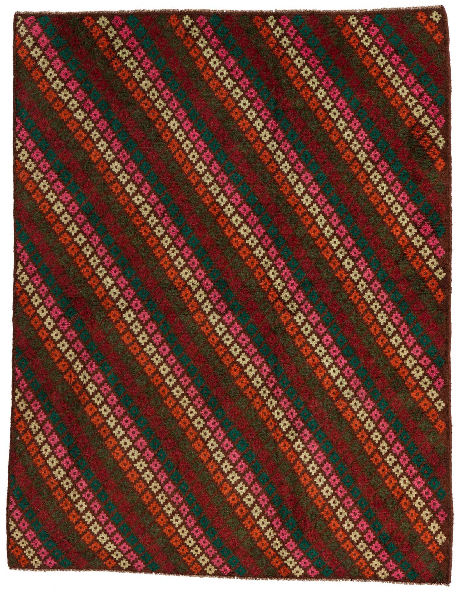 A 4x6 rectangular Balouch rug featuring diagonal stripes of small geometric patterns in shades of brown, red, pink, and tan.