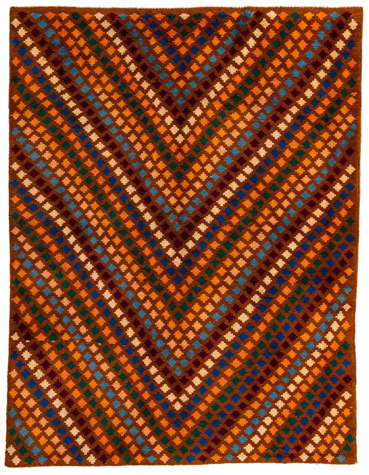 A 6x9 rectangular Balouch rug with a tribal geometric pattern in shades of brown, tan, orange, blue, and green.