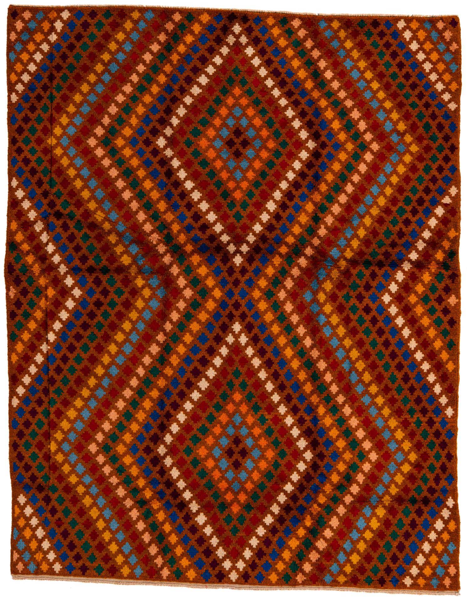 A 6x9 rectangular Balouch rug with a tribal, modern pattern in shades of brown, tan, red, blue, green, and orange, featuring a repeating diamond motif.