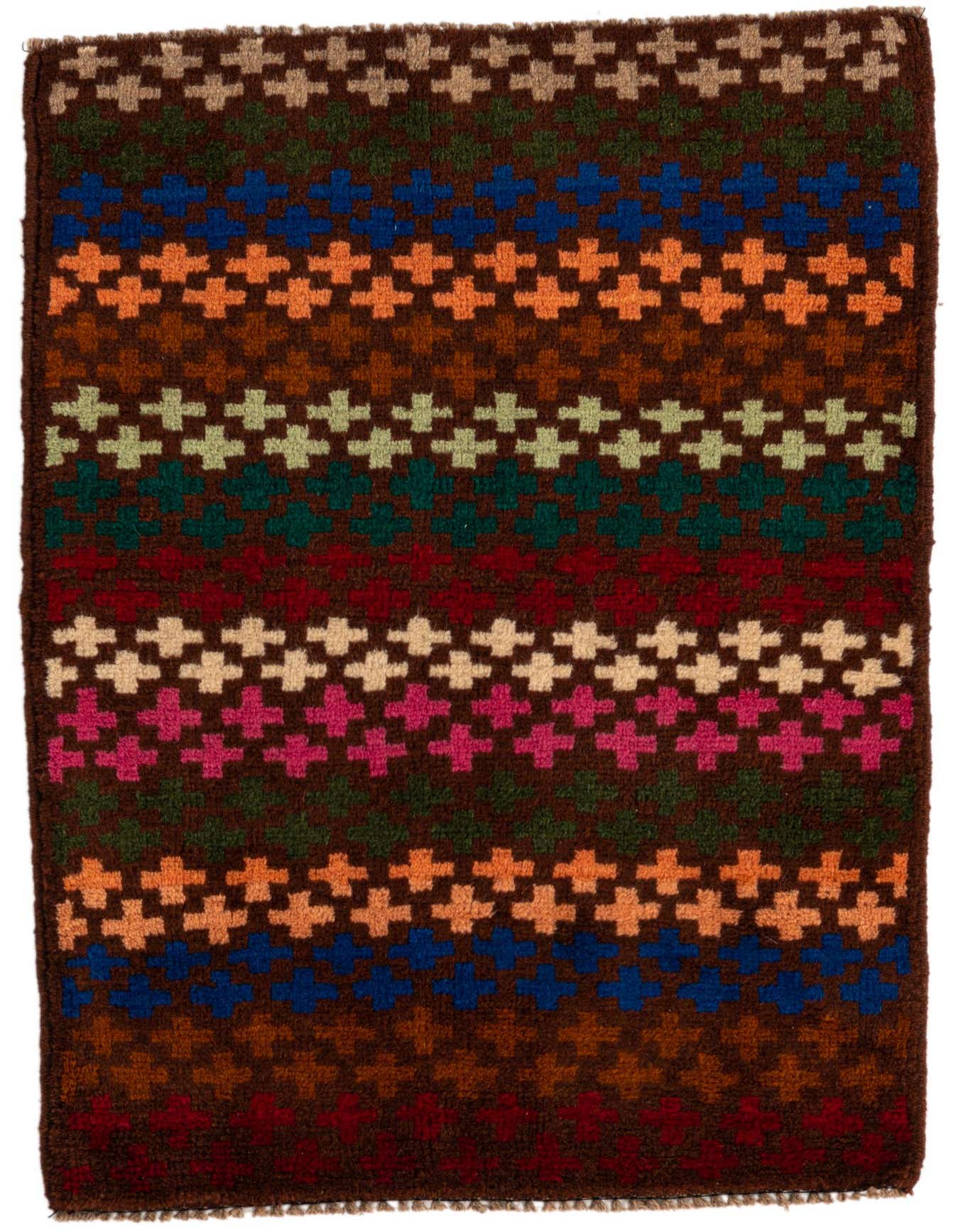 A 2x3 rectangular Balouch rug with a tribal pattern in browns, tans, blues, oranges, greens, reds, and pinks.